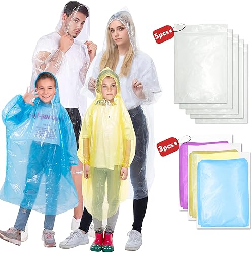 Paquete familiar de ponchos, paquete de 8 ponchos de lluvia para adultos y niños, desechables o reutilizables, ponchos de lluvia de emergencia