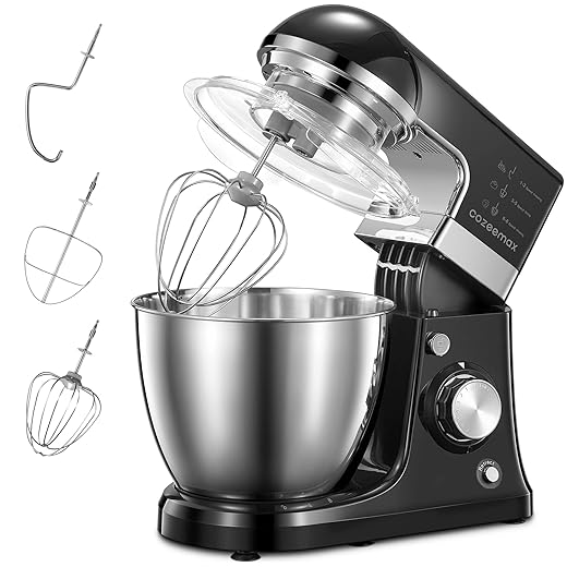 Stand Mixer, Cozeemax 8 Speeds Electric Dough Mixer with 5Qaurt Stainless Steel Bowl and Splash Guard, Kitchen Mixer - Includes Beater, Dough Hook & Whisk