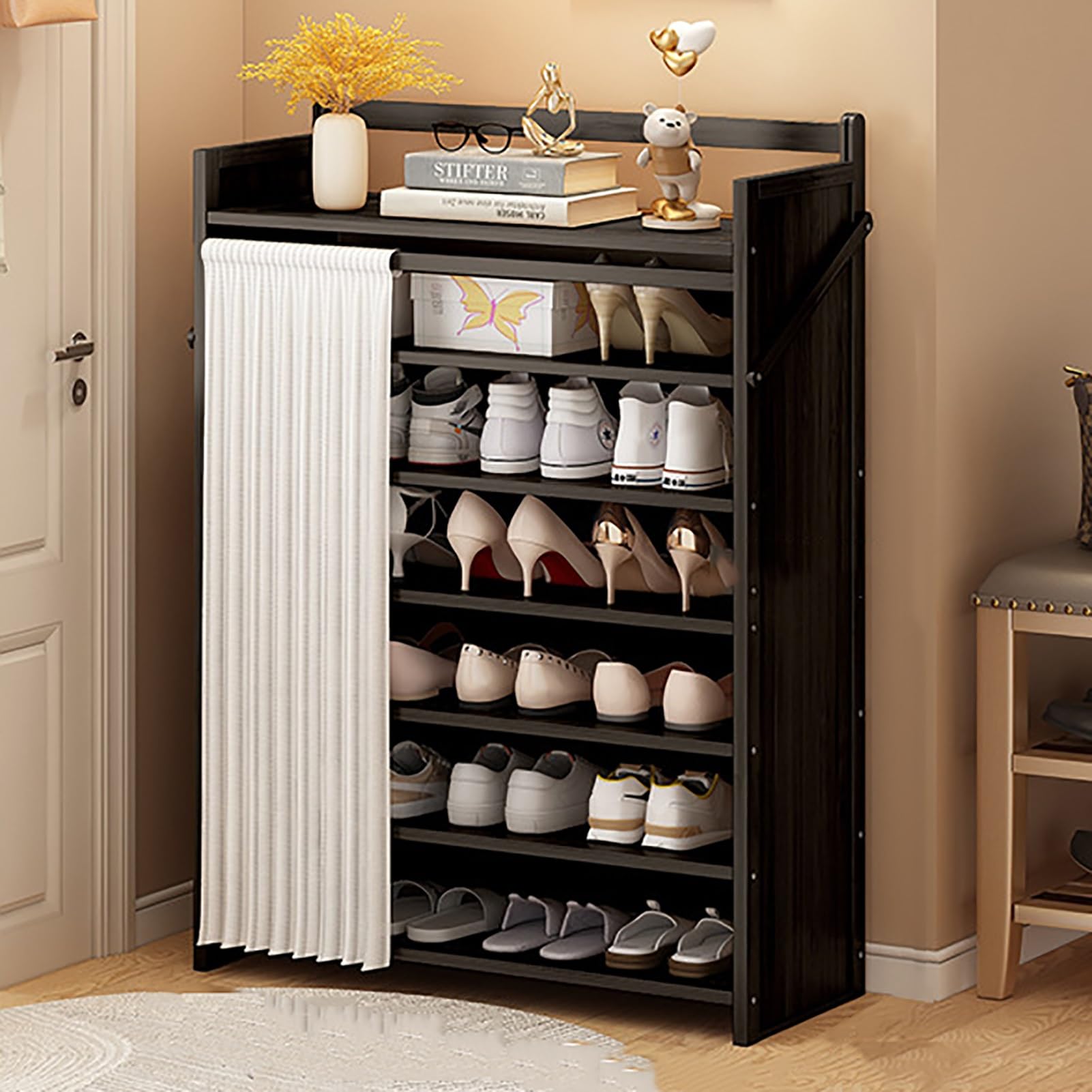 Foldable Shoe Rack No Assembly Required Bamboo Shoe Indoor/Outdoor Storage Shelf Independent Shoe Cabinet for Entryway Camping 2 Tier Black Color(Negro-7 Layers 27.5in)