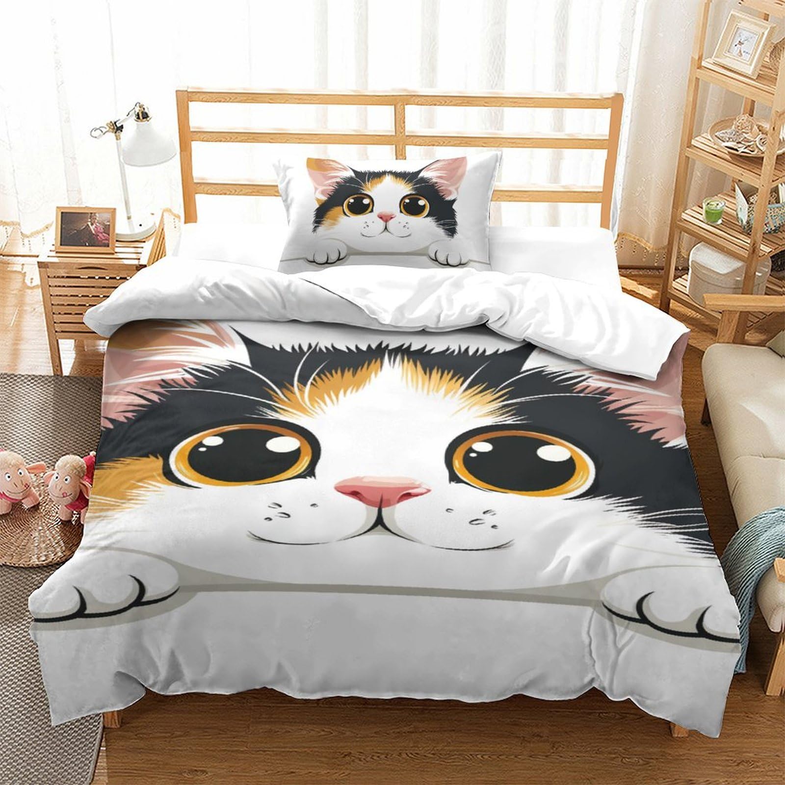 Housse de couette enfants chat 3D lit 2 pièces microfibre literie ado fermeture éclair