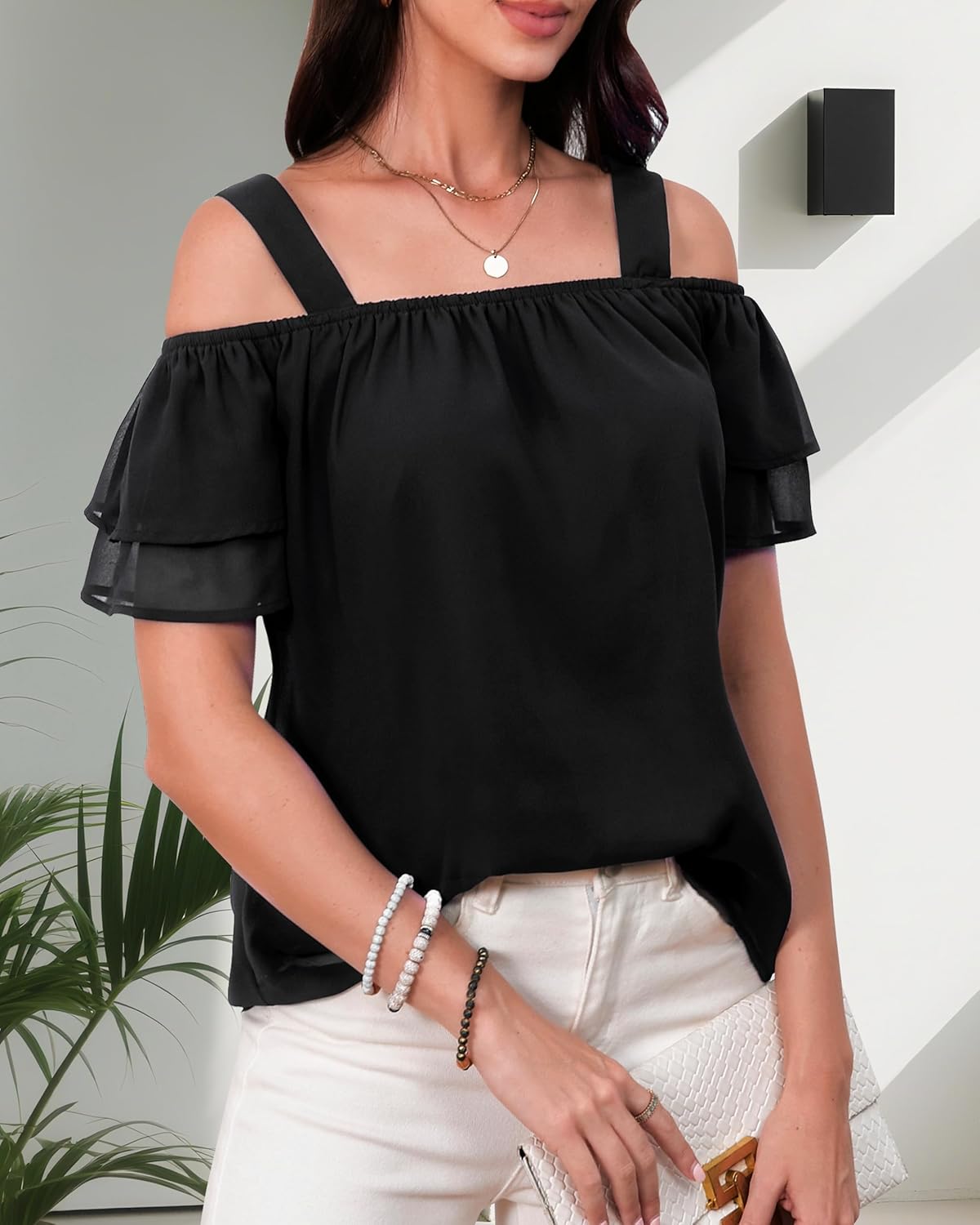Women's Casual Tops Short Sleeve Cold Shoulder Shirts Loose Square Neck T Shirts Blouse - Image 7