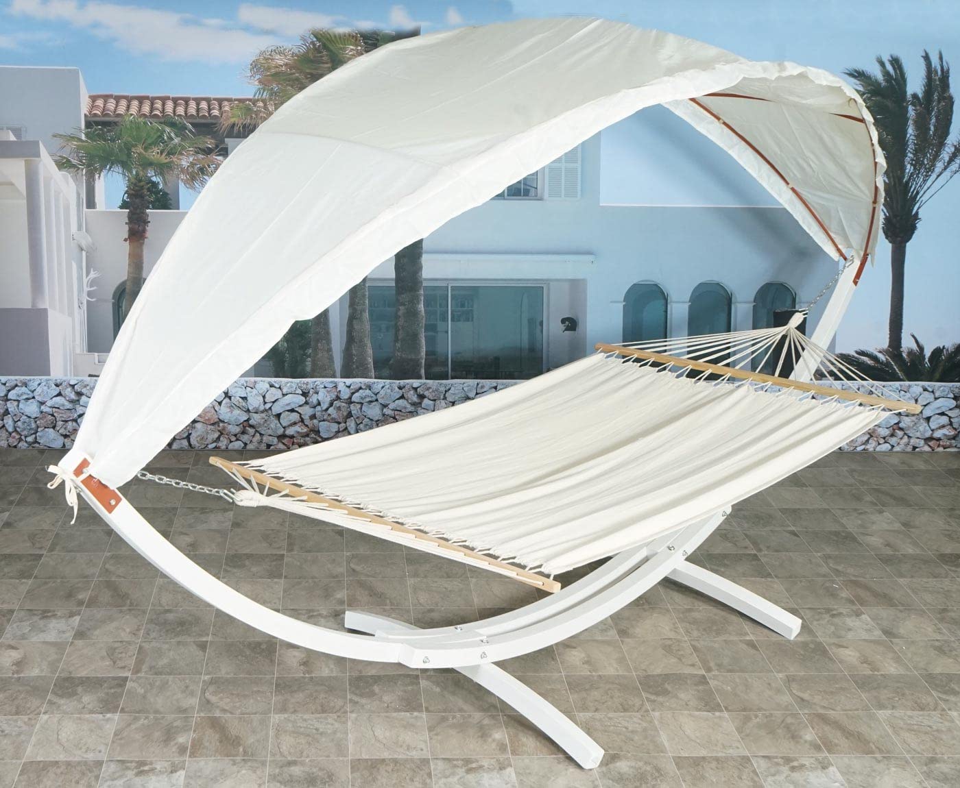 Amaca 2 posti con struttura in legno e parasole HWC-J47 regolabile 420cm - bianco telo avorio