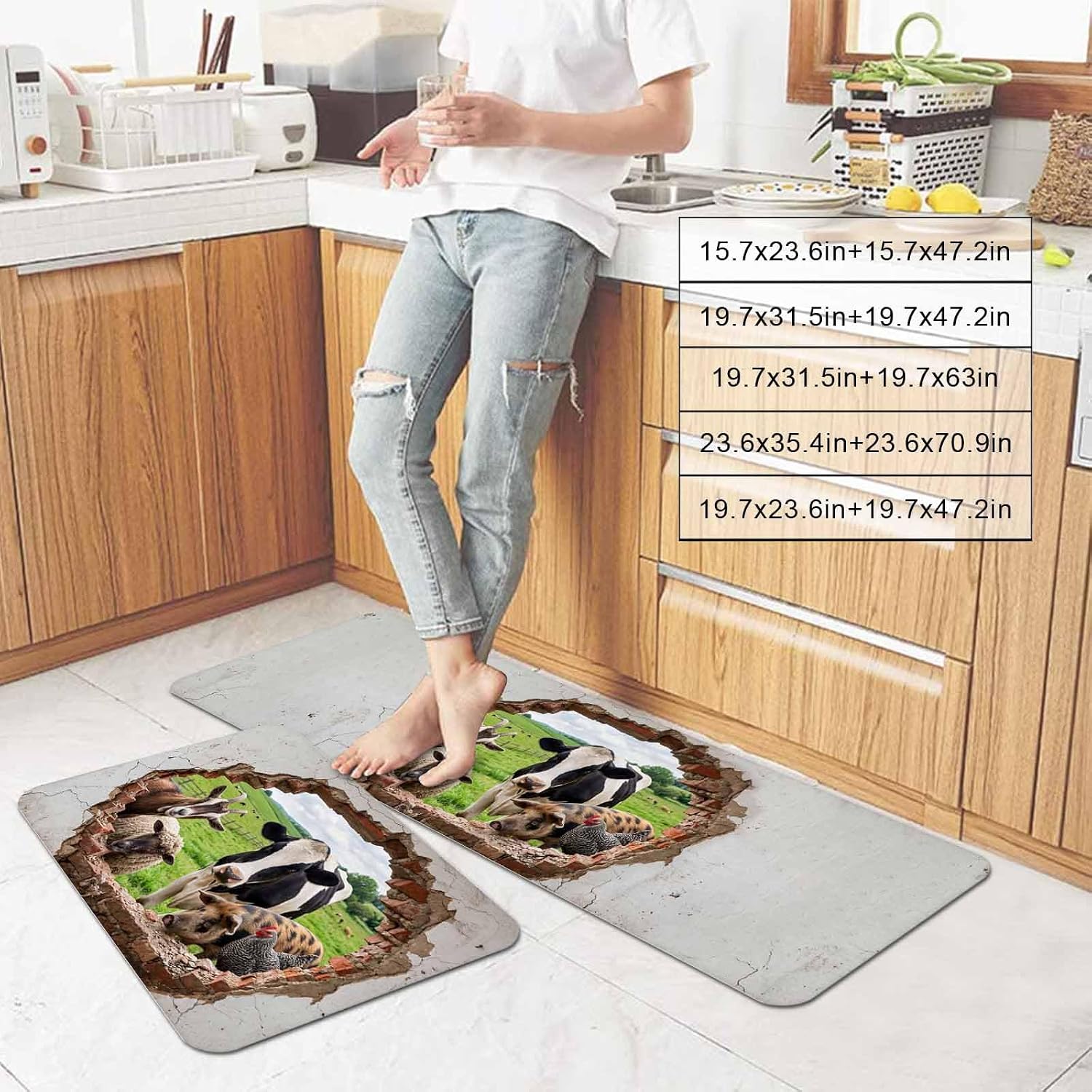 Rustic Farm Animal Kitchen Mat Set 2 Pieces Country Pastoral Farmhouse Cow Sheep Pig Green Grass Non Slip Kitchen Rugs Washable Runner Mats for Floor Sink Laundry Office 23.6" x 35.4"+23.6" x 70.9"