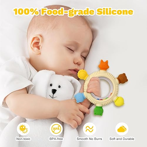 Miniatura 3 de Paquete de 2 juguetes sensoriales para bebés, anillos de dentición para bebés de 0-6, 6 a 12 meses, mordedores de silicona para alivio de