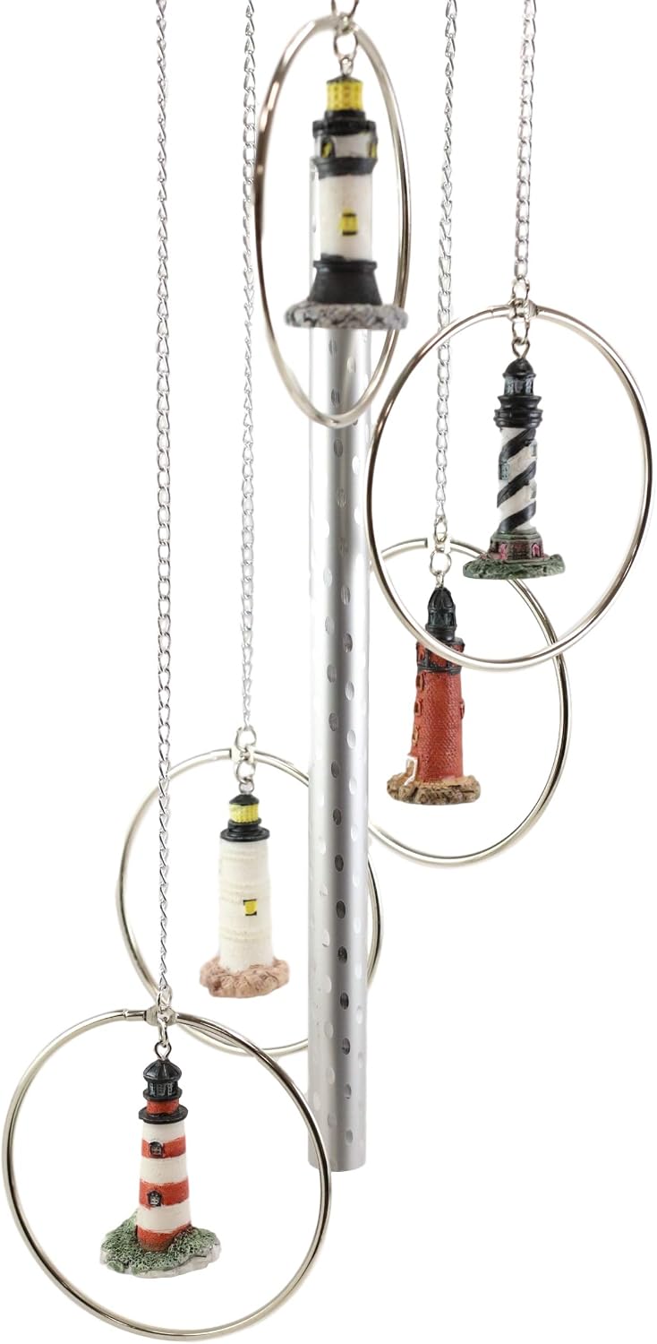 Ebros Cape Hatteras Bodie Island Ponce de Leon Inlet Foulweather and Biloxi Lighthouses in Metal Rings Hanging Mobile Wind Chime Aluminum and Resin Chimes Light House Decorative Patio Garden Accent