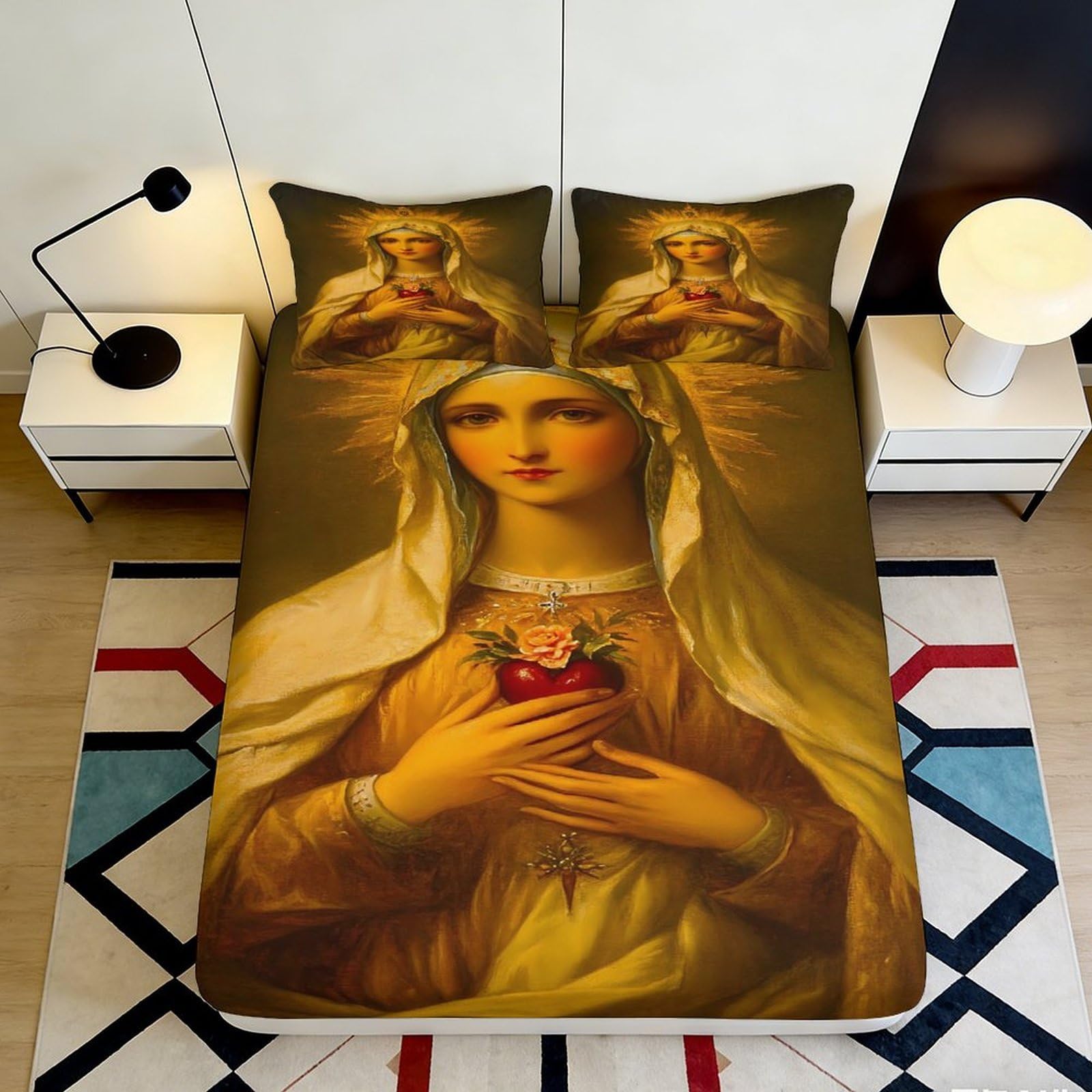 3D Printed Sacred Heart Art Fitted Sheet Microfiber Soft Decor Religious Icon Mattress Cover for Bedroom Dorm 90x200x25cm