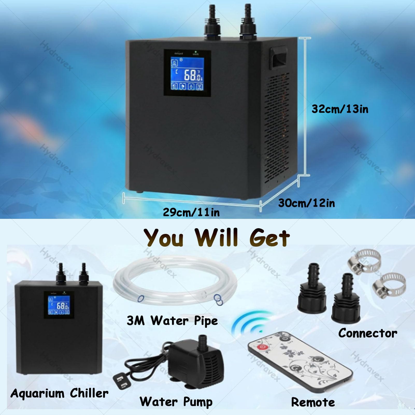 Refrigeratore per acquario, 1/3 HP, refrigeratore d'acqua per pesci, coralli e gamberetti, compressore refrigerante con telecomando e pompa, ideale per acquari di gamberetti e uso domestico