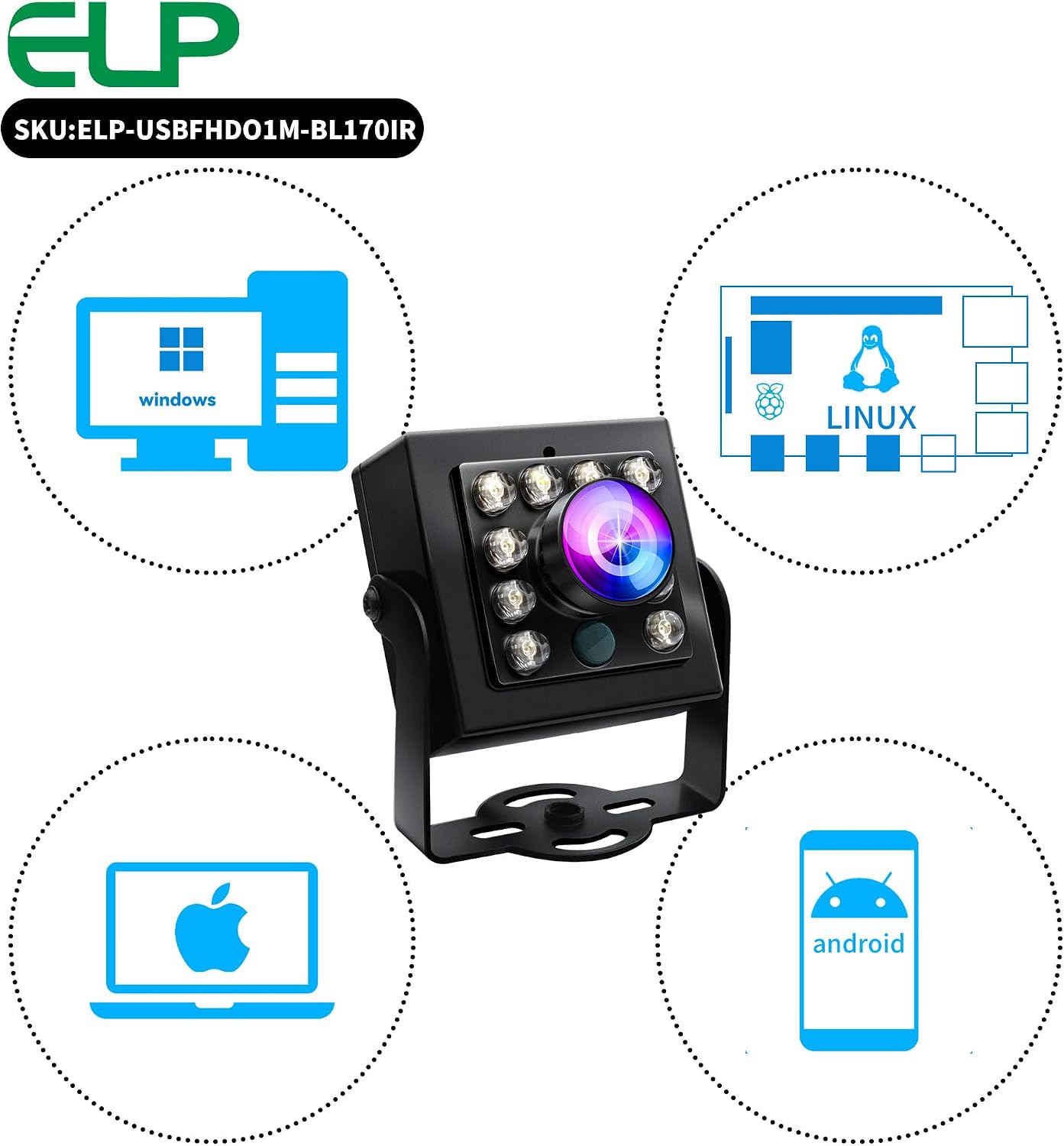 ELP 1080P Day&Night Vision USB Fisheye Camera for Computer, 2MP Automatic IR-Cut Switching All-Day Image USB2.0 OV2710 PC Webcam with 10pcs 650nm+850nm IR LEDs for Windows, Linux, Android and Mac OS