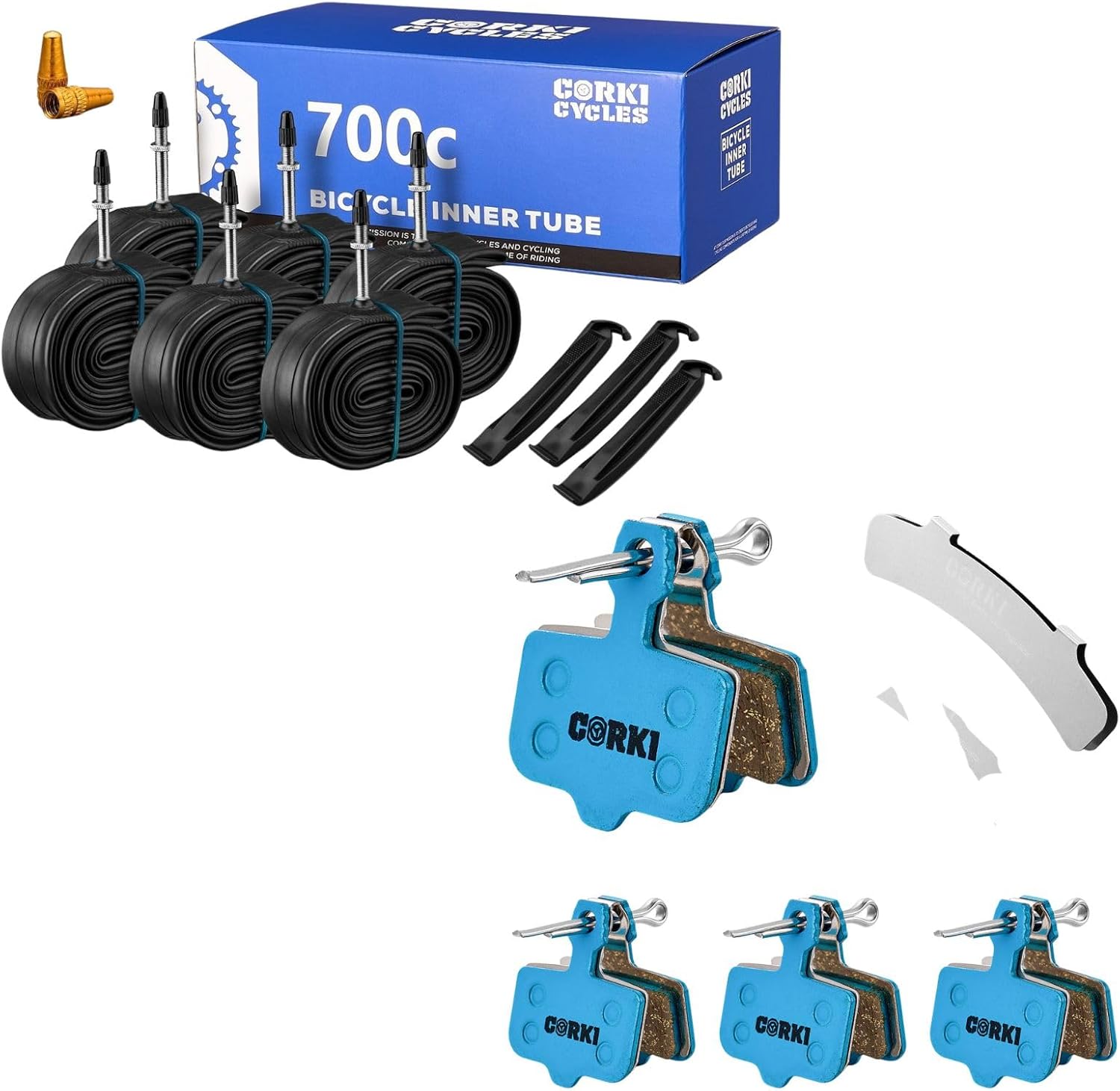 Corki Cycles Road Bike Tubes 700 x 23C 24C 25C 28C 30C 32C 35C 37C 38C 40C 43C Presta Valve Stem (48mm/60mm) 6 Pack with 4 Pairs Disc Brake Pads for Sram Avid Elixir