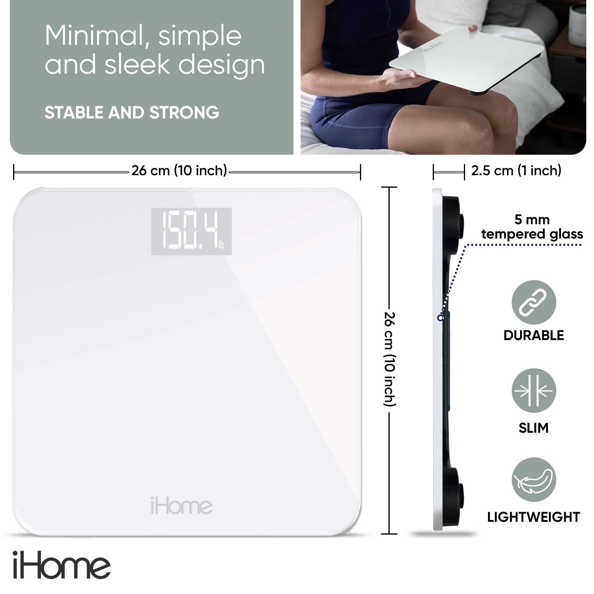 iH iHome Pèse-personne numérique haute précision alimenté par piles avec écran LCD Idéal pour la salle de sport à domicile Blanc 180 kg