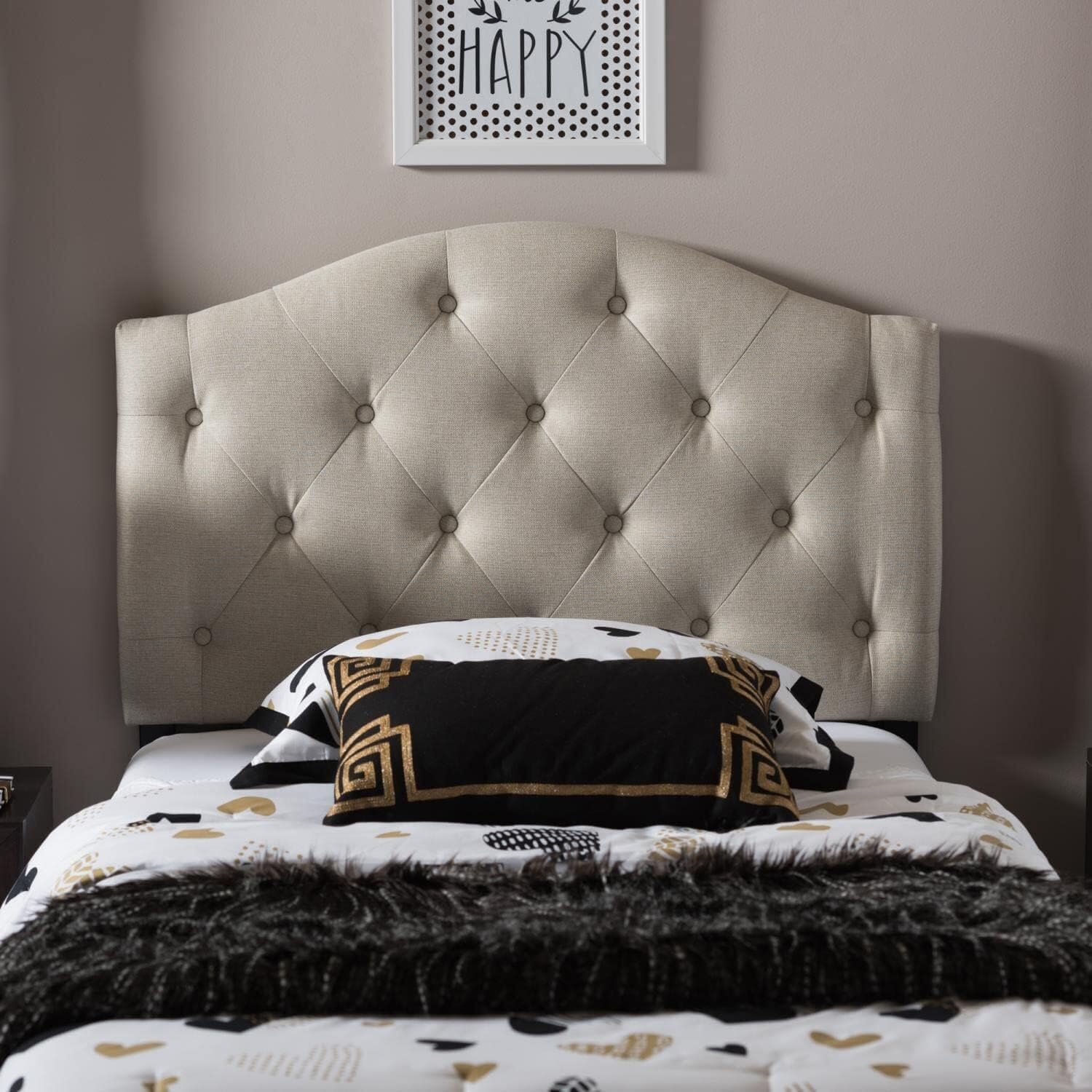 HomeStock Renaissance Romance Faux Leather Upholstered Button-Tufted Scalloped Headboard Beige/Twin