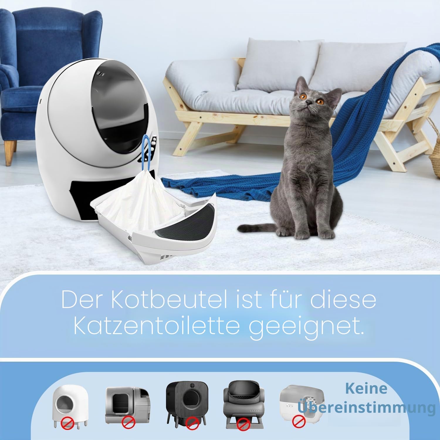100 Stück Katzenklobeutel mit Kordelzug, Fassungsvermögen 37 bis 40 Liter, Abfallbeutel für Katzenklo, Roboter 3/4, Abfallschubladeneinlagen, 63,5 x 40 cm