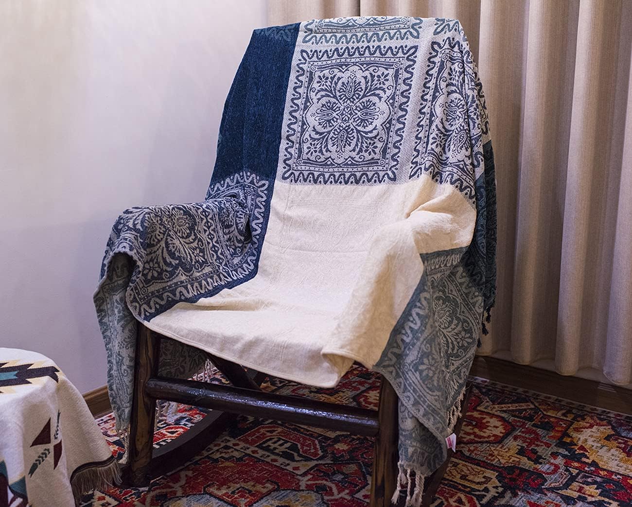 AIVIA Boho Throws Blankets for Bed Couch, Navy Cream Soft Chenille Woven Luxury Living Room Bedroom Throw Sofa Recliner Furniture Cover w/Bohemian Fringe Tassels - 60" x 75"