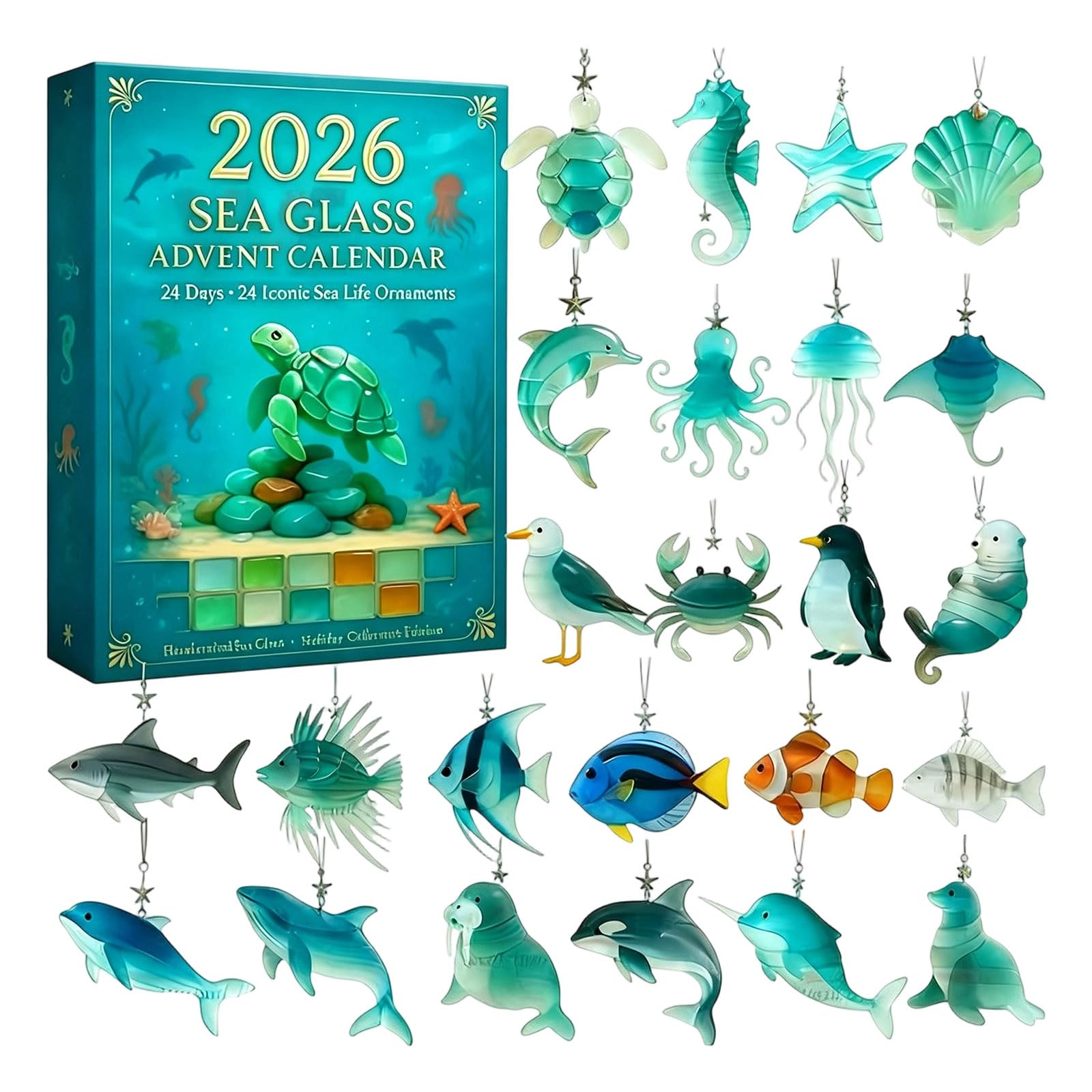 Sea Glass Advent Calendars 2026 Christmas 24 Days Marine Life Christmas Countdown Calendar Days Countdown Calendar 2D Acrylic Sea Glass Marine Life Pendants Advent Calendars for Tree Decorations