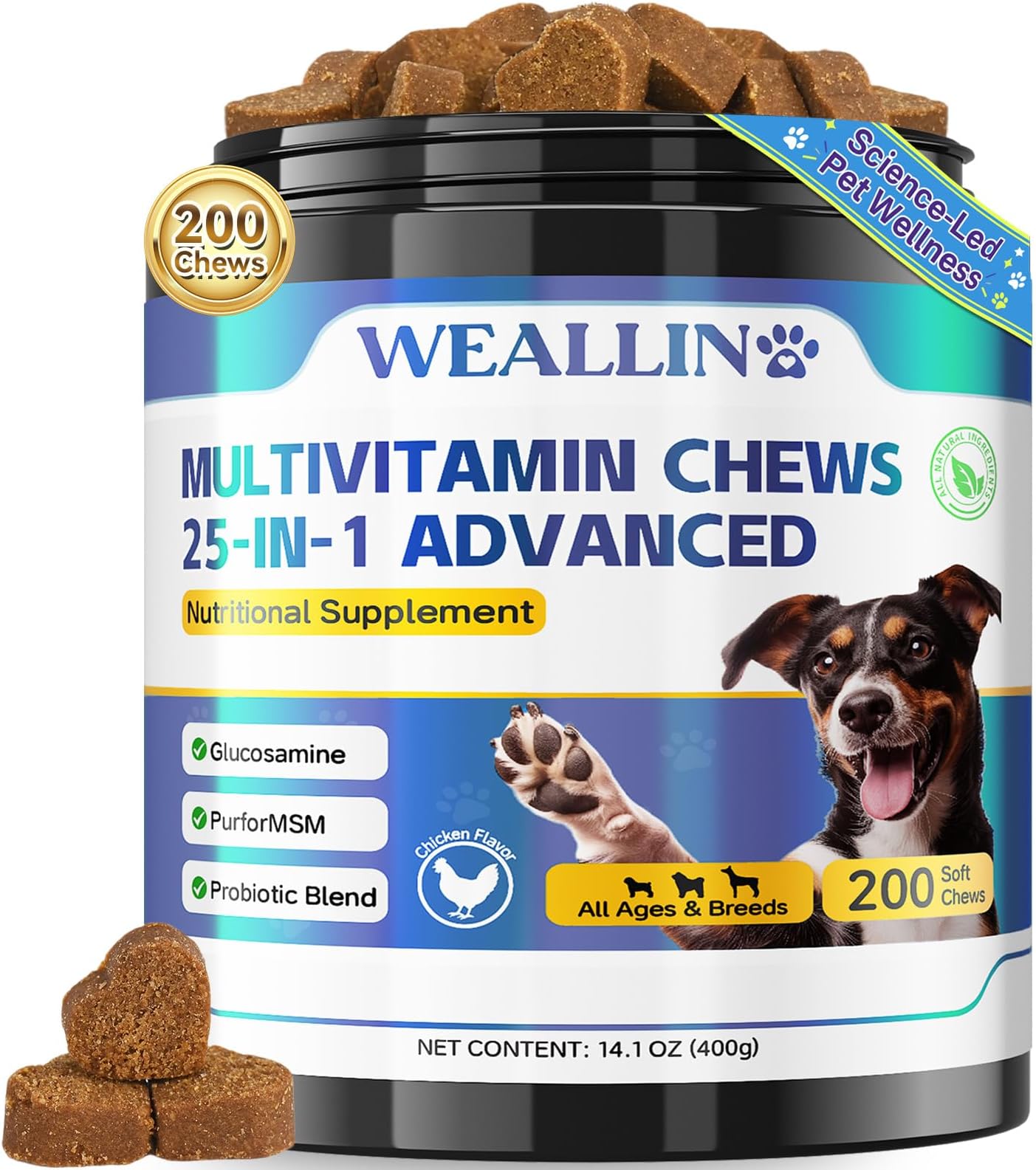 WEALLIN 25-in-1 Multivitamin Supplements for Dogs - Multi-Vitamin Treats For Dogs Multivitamin Chewable Dog Vitamins For Heart,Skin,Coat,Natural Balance,Digestion for All Ages 200 Chews Chicken Flavor