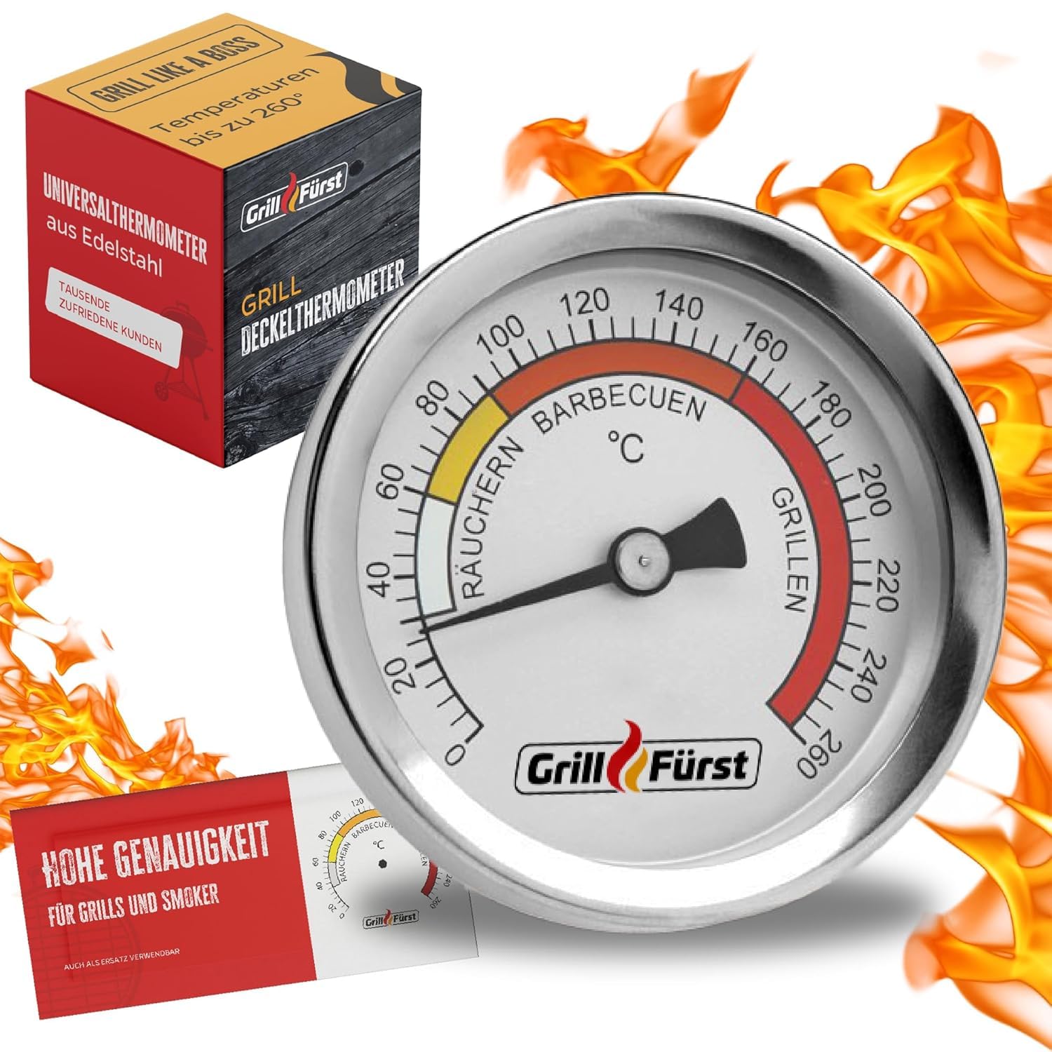 Grillfürst BBQ Deckelthermometer Therm 260 - Einbau Grillthermometer für Grill, Smoker oder Räucherofen, Ø 6,5 cm