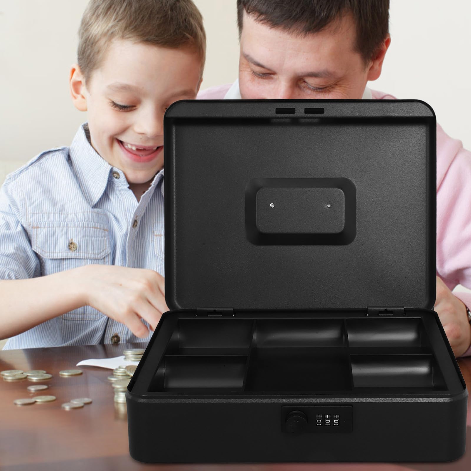 TOYANDONA Caja de Dinero Cerradura y Gran Capacidad de Hierro Negro, Almacenamiento Seguro y Duradero Adecuado para Oficina y Hogar