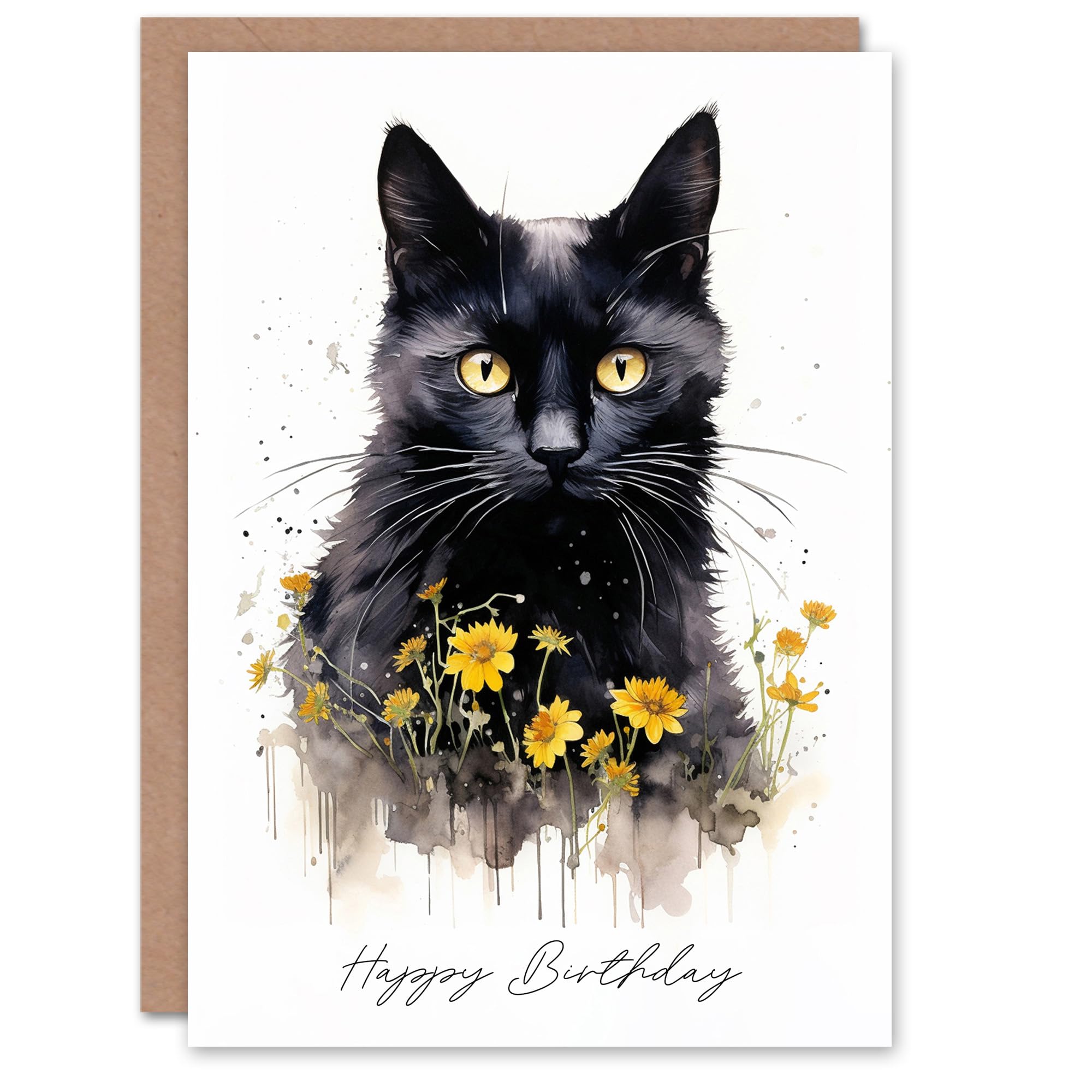 Artery8 Happy Birthday Black Cat with Yellow Daisy Flowers Birthday Card