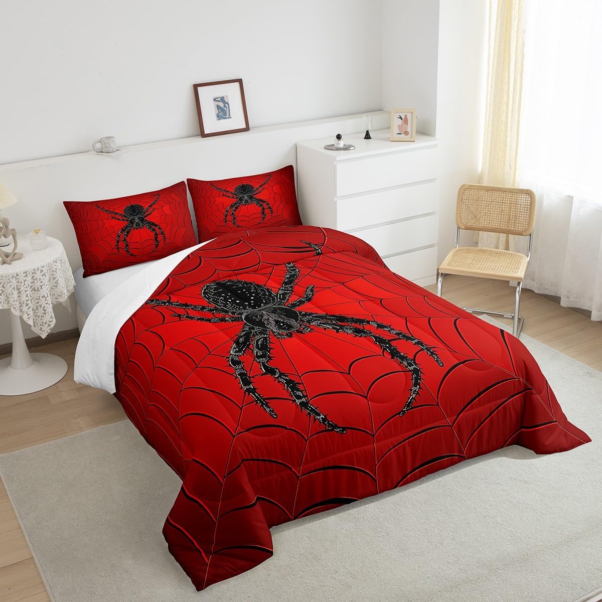 Halloween Spiders Bedding Set Queen Giant Spider Halloween Decorations,Spider Web Halloween Quilt Red Black Cobwebs Comforter Set Jungle Wildlife Duvet Insert,Vintage Gothic Spiderweb Room Decor