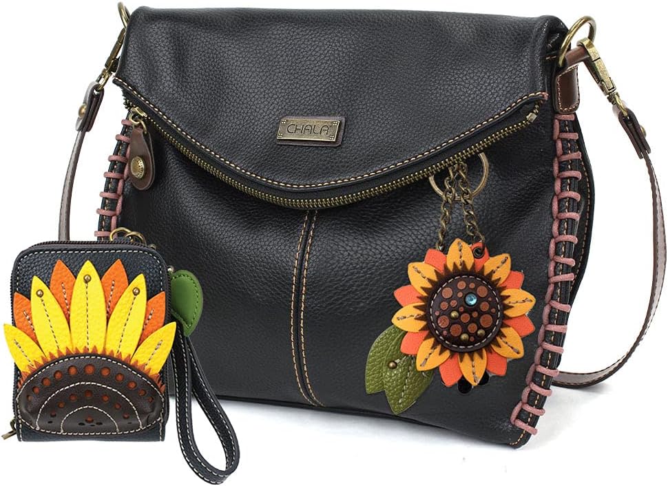 CHALA Vegan Leather Charming Crossbody Handbag with Sunflower Key Fob and Mini Wallet (Black_ Sunflower Combo)