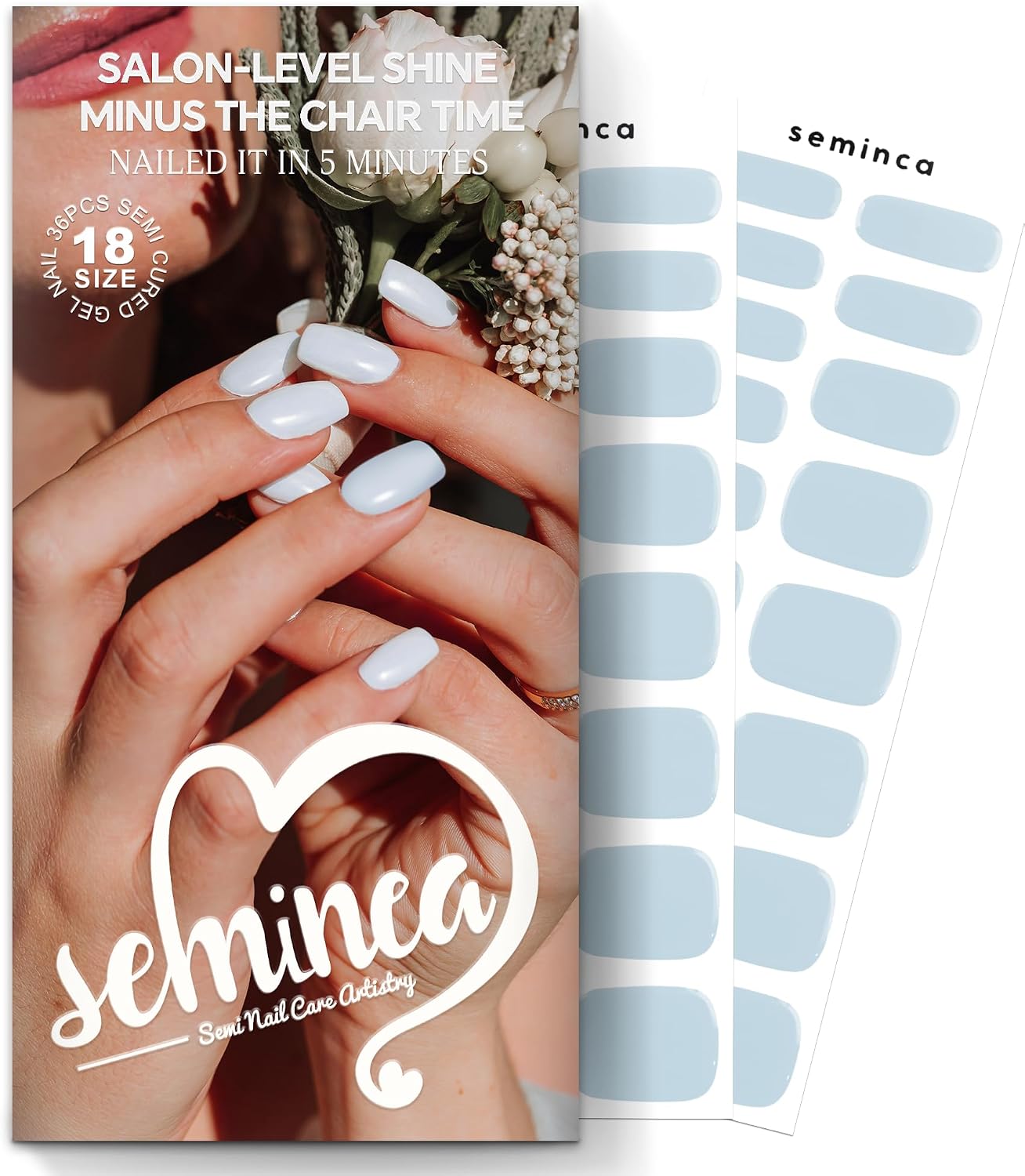 Semi Cured Gel Nail Strips-Natural Looking False Nails, Glue on Nails Full Cover for Daily Use & Homemakers Works with Any UV/LED Lamps(Sky Blue)