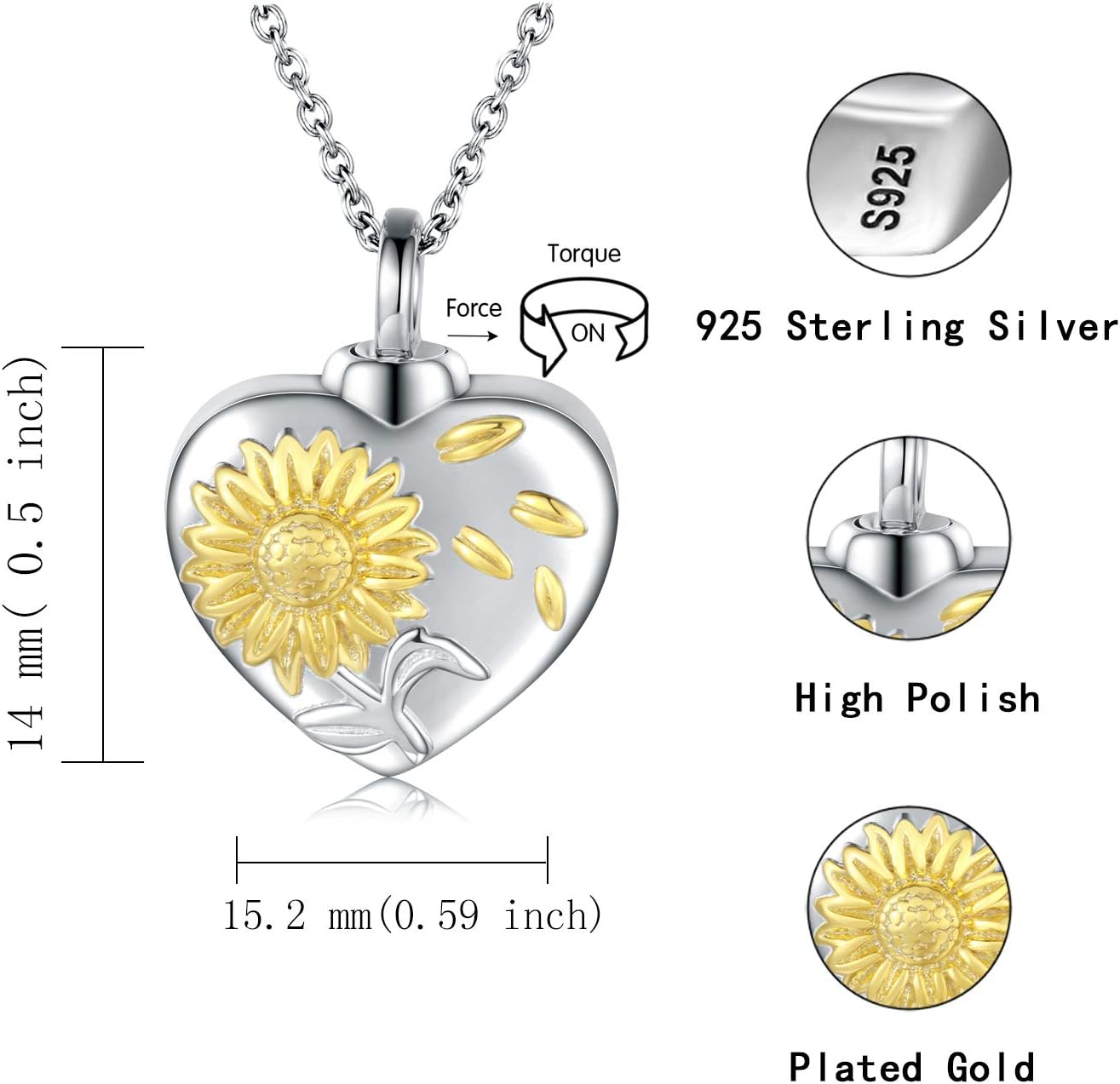 Sunflower Urn Necklace Ring Bracelet 925 Sterling Silver Keepsakes Cremation Jewelry for Ashes Necklace You are My Sunshine Memorial Always in My Heart Memory Necklace Gift (Necklace) - Image 4