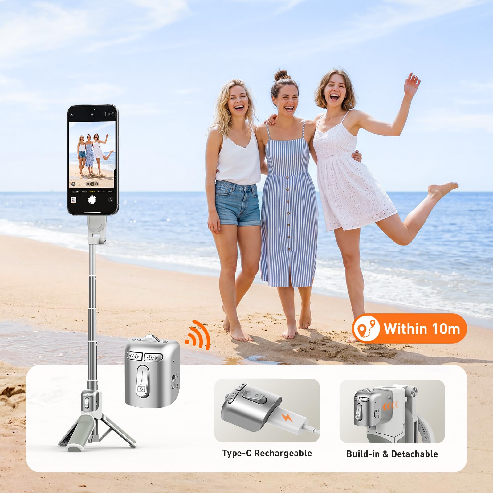 AMAZEAR Treppiede smartphone (4 in 1), Selfie stick magnetico multifunzionale per iPhone, Impugnatura portatile per smartphone con telecomando Bluetooth rimovibile e zoom regolabile per foto, Bianco
