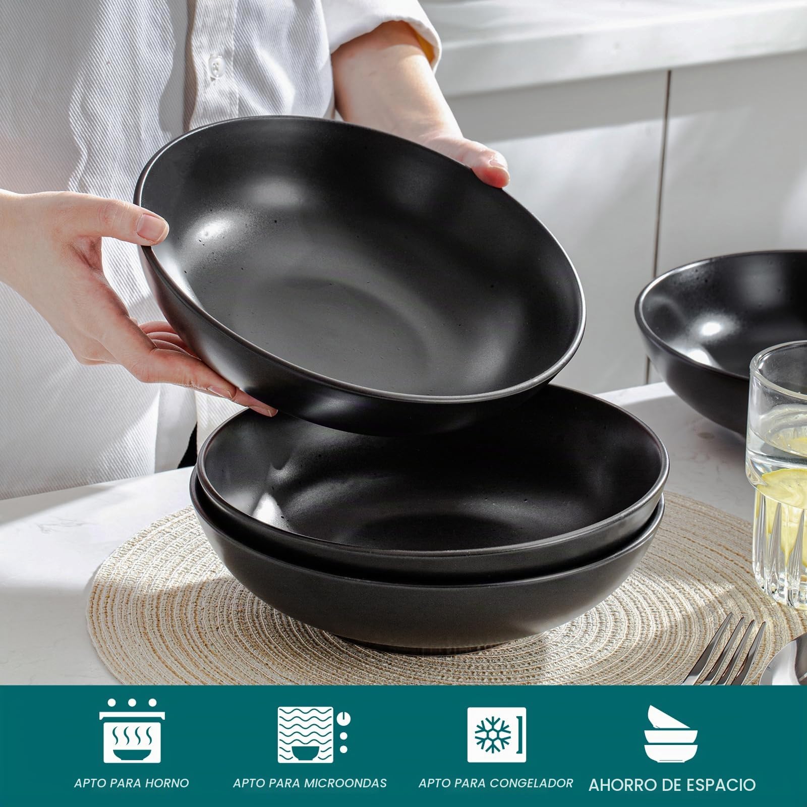 vancasso MODA Cuencos de Pasta Set de 4, 22,3 x 6,3 cm Plato Hondo Sopa de Gres, Tazón de Pasta de 45 oz, Fuente Ensaladera Grande, Apto para Lavavajillas, Microondas y Horno, Negro Mate