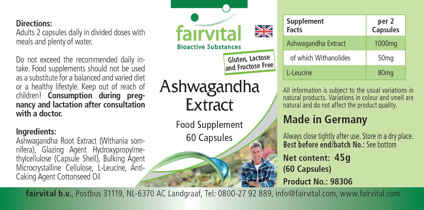 fairvital Gélules d'Ashwagandha, 180 gélules (60 x 3), HAUTEMENT DOSÉES, 1000mg d'extrait d'Ashwagandha 12:1 par dose journalière, 5% de withanolides, VÉGÉTALIENNES, Withania Somnifera