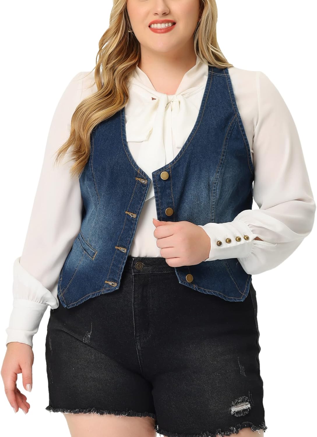 Agnes Orinda Plus Size Denim Vest Top for Women Button Down Waistcoat Casual Sleeveless Jean Jacket Vests