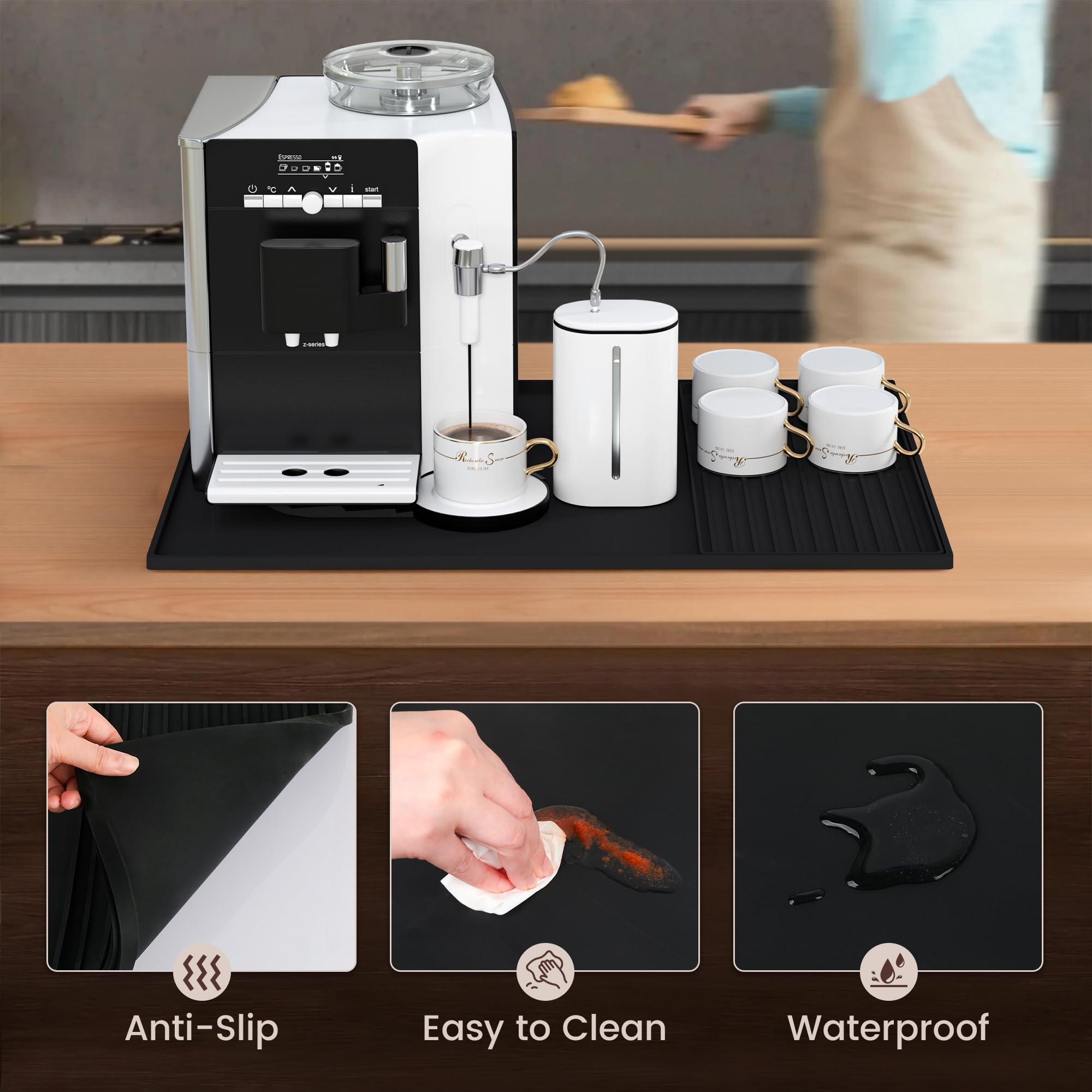 SOSMAR Tappetino in Silicone per Caffè con Bordo Rialzato e Vassoio Separabile 60x40 cm, per Macchina da Espresso, Scolapiatti e Asciugapiatti (Nero)