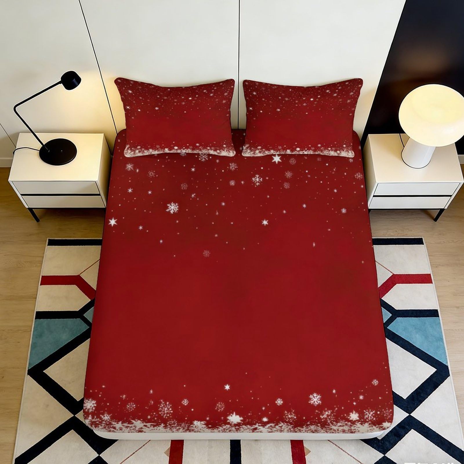 3D Printed Snowflake Red Fitted Sheet Microfiber Soft Mattress Cover Winter Bedroom Decor for Home Guest Room 90x200x25cm