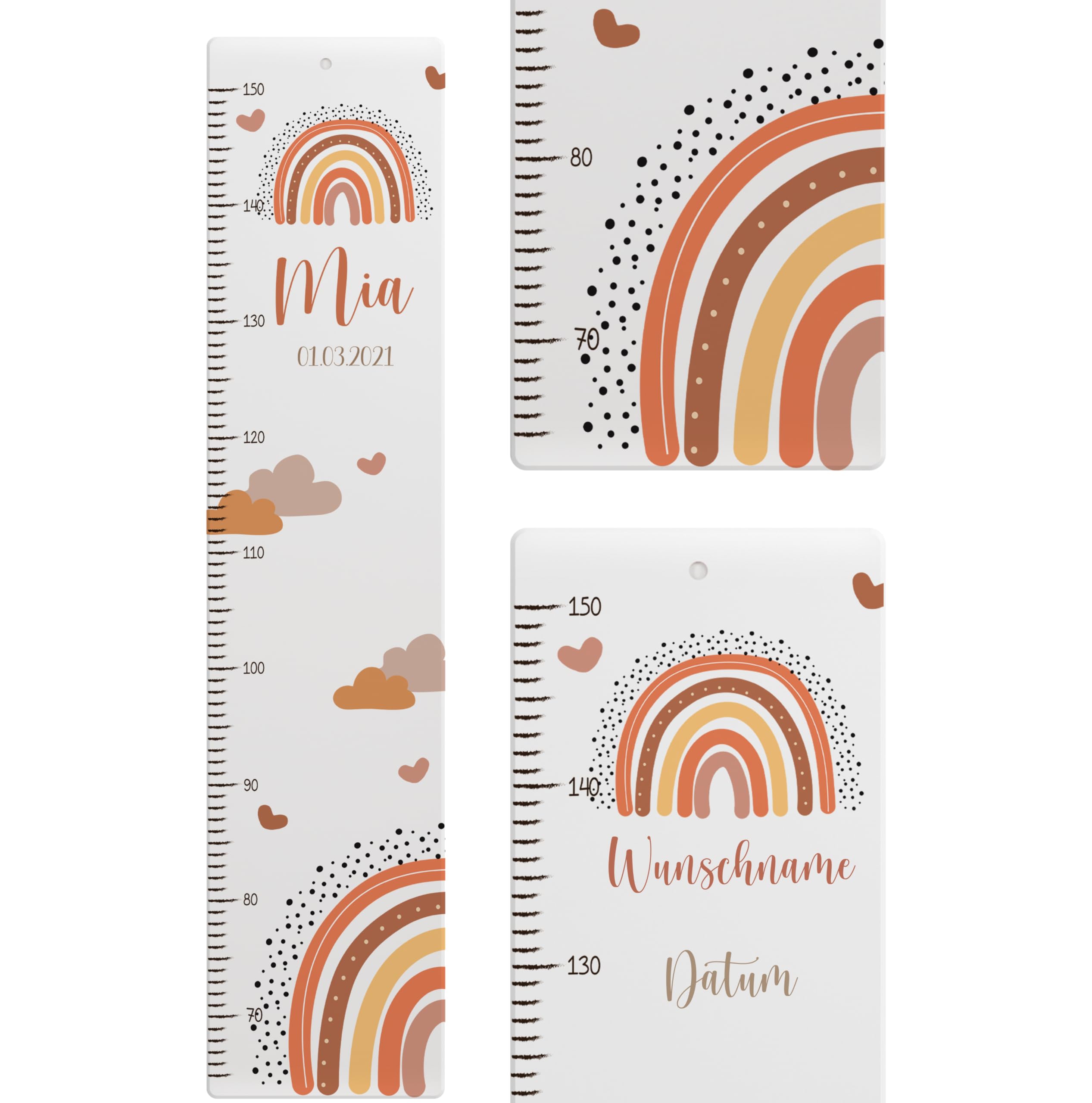 Kidsmood - Personalisierte Messlatte Kinder aus Aluverbund – Hochwertige Messleiste & Wand-Deko für Kinderzimmer mit fröhlichem Regenbogen – Tolles Taufgeschenk für Mädchen & Jungen - Skala 65-140cm