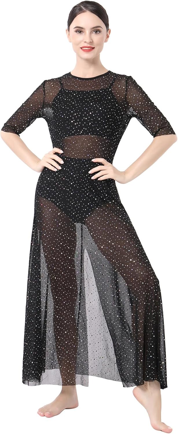 ODASDO 3pcs Women Modern Contemporary Lyrical Dance Costume Power Mesh Side Split Maxi Overdress + Camisole Top + Shorts