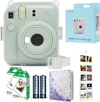 Fujifilm INSTAX Mini 12 Camera Mint Green id Bundle   Includes Mini 12 Green Camera, 20-Shot INSTAX Mini Film, Clear Glitter Camera Case, Photo Album & Hanging Wall Photo Display