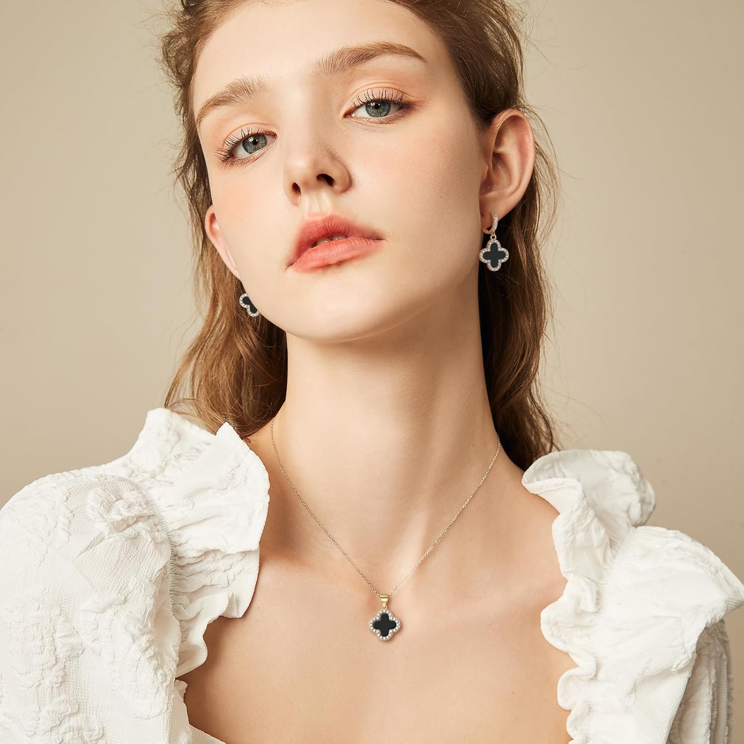 Clover Necklace and Clover Earrings Black White Green Red Pendant 18k Gold Plated Lucky Clover Jewelry Set for Women Trendy - Image 4