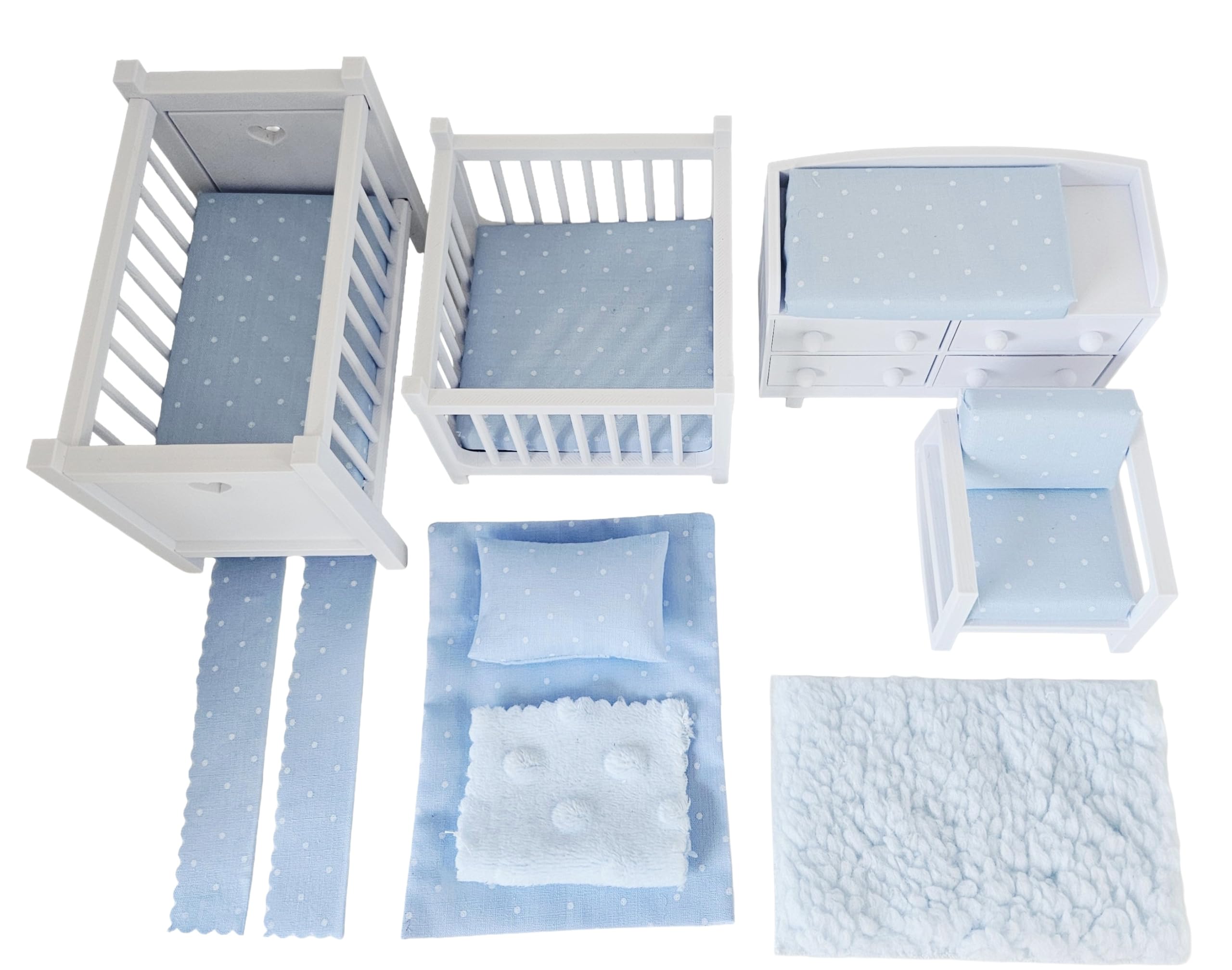 Pretty Miniatures Dollhouse Nursery Furniture Set, Blue Polka Dot, 1:12 Scale, White, Fully Assembled