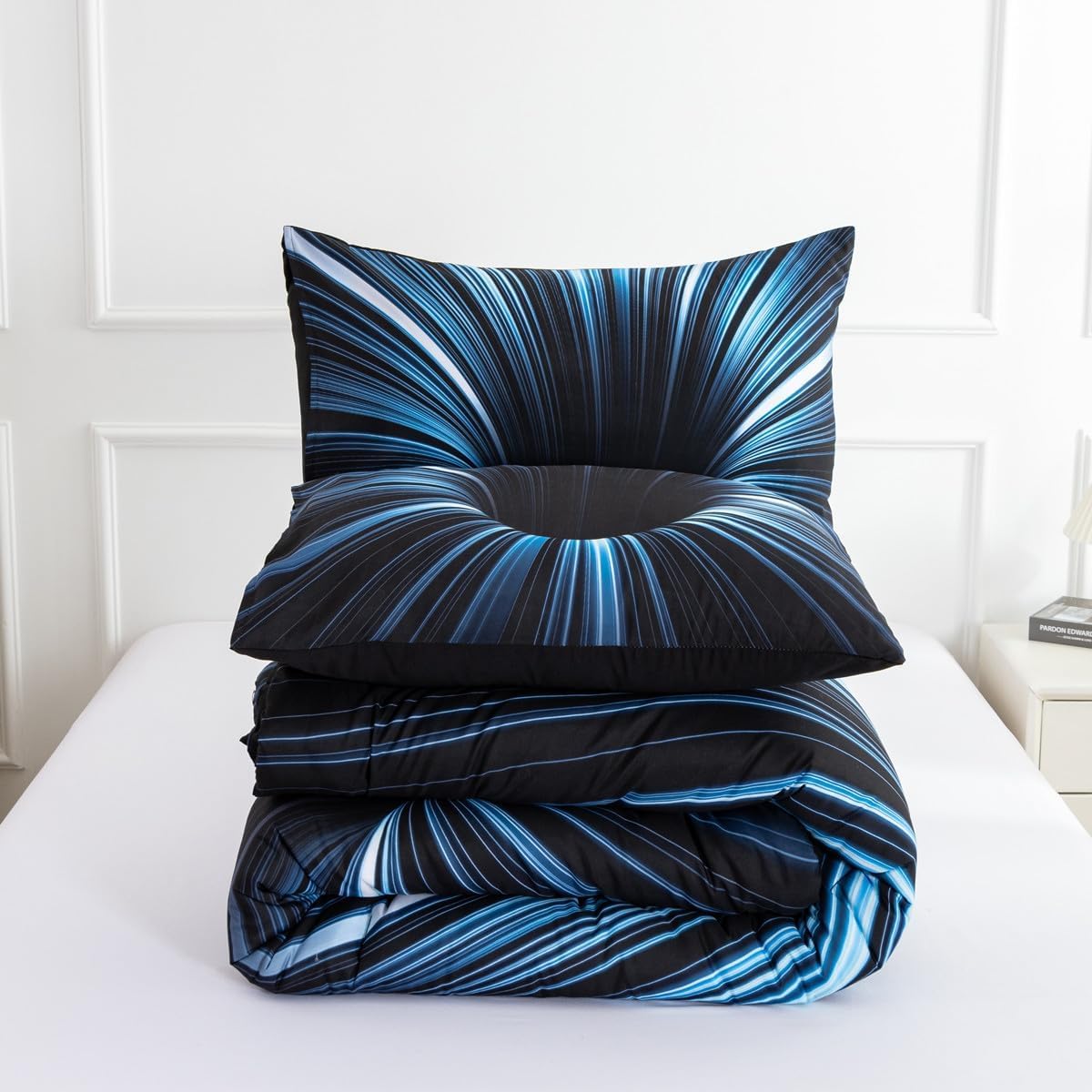 NTBED 3D Abstract Geometric Comforter Set Line Printed polyester Bedding Sets for Kids Teens Boys,Blue Full