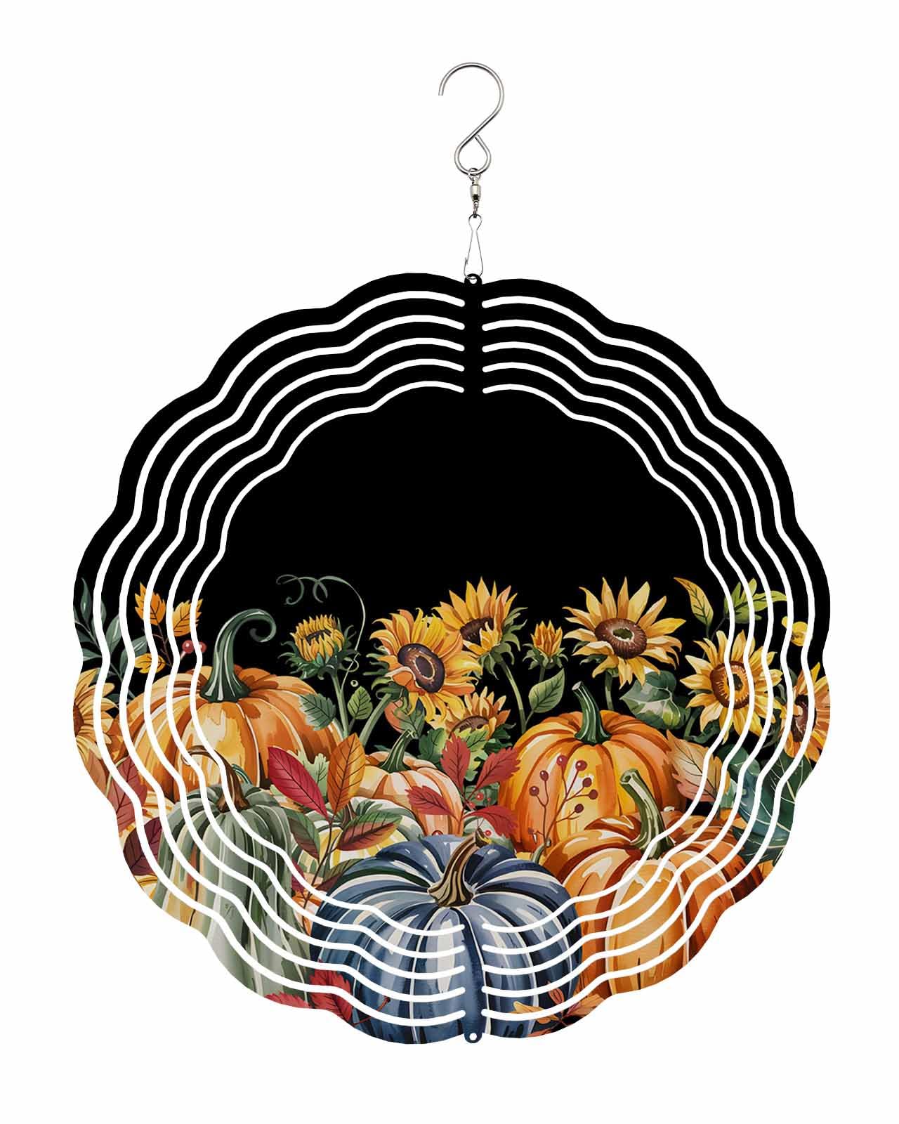 Fall Wind Spinners, Autumn Pumpkins Sunflower Black Hanging Wind Spinners for Yard and Garden 3D Stainless Steel Metal Sculptures Crafts Ornaments 8 Inch