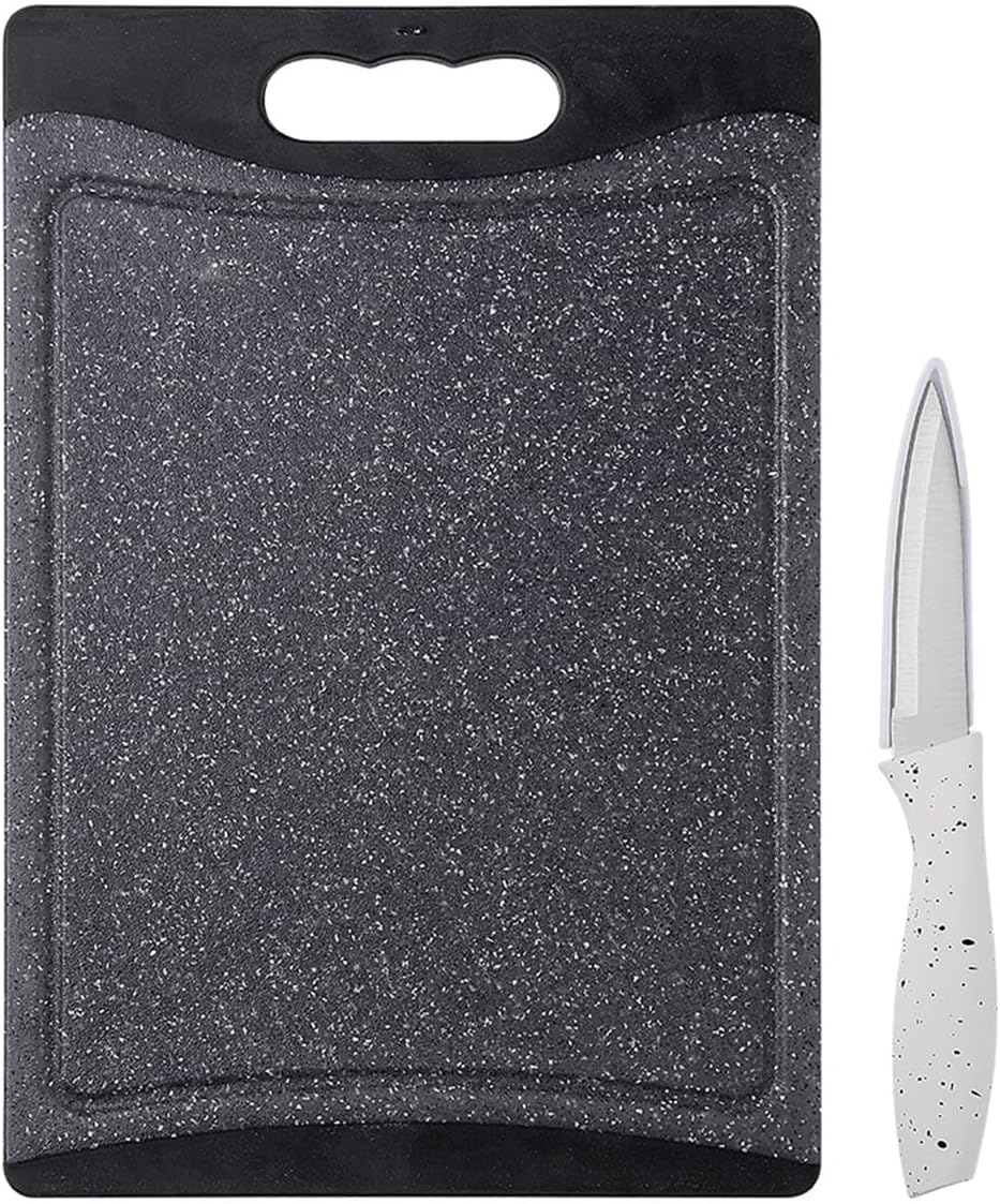 COOK WITH COLOR Paring Knife and Cutting Board Set- Chopping Board with Juice Groove and Sharp Stainless Steel Knife with Soft Grip Handle for Cutting, Chopping and Slicing (Black and White)