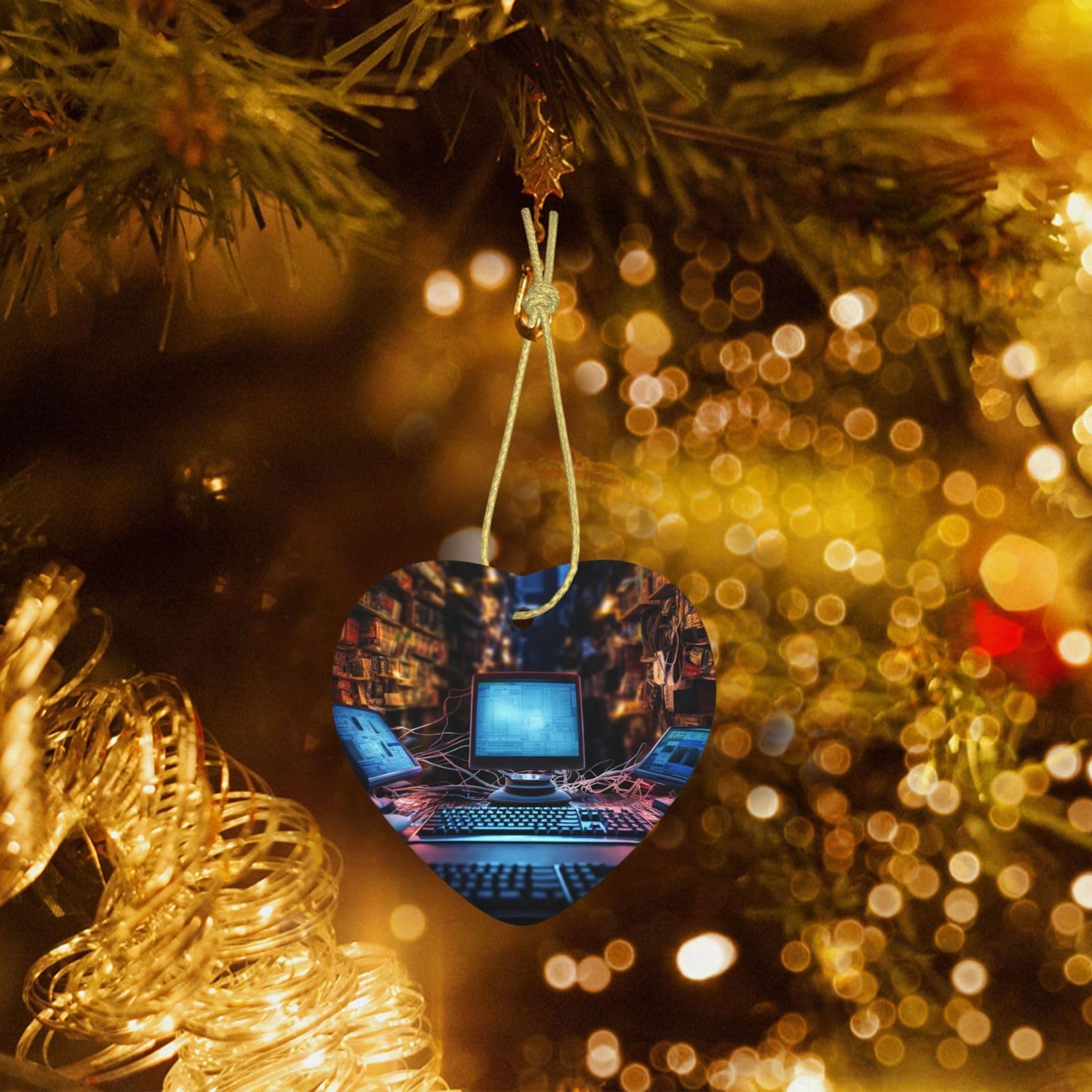 Christmas Heart Shaped Ornaments 1 Pcs, Double-Side Ceramic Xmas Tree Hanging Ornament with Gold String Computers and Internet Personalized Porcelain 2025 Christmas Pendent