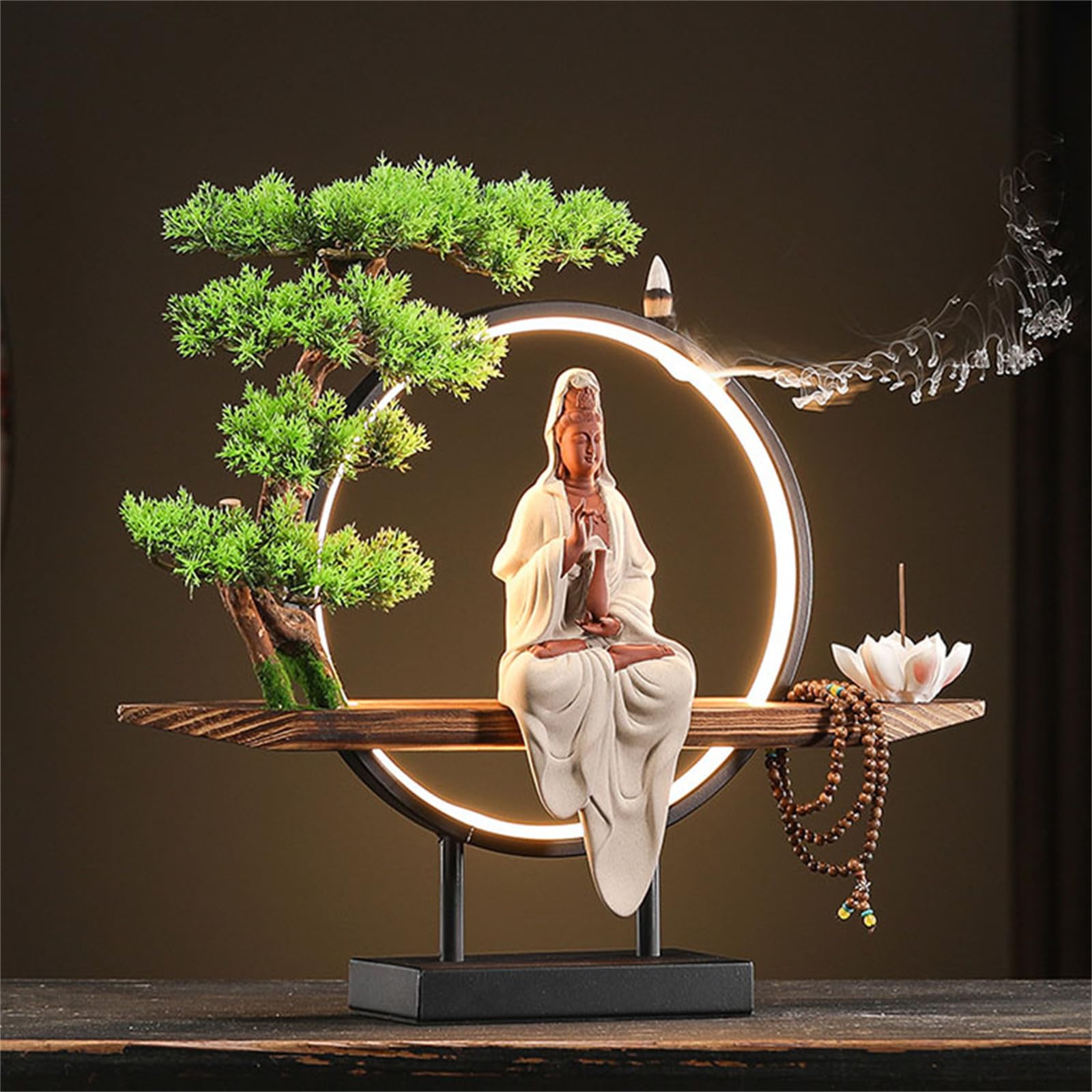 GAENZA Estatua De Buda Kwan Yin De Cerámica, Quemador De Incienso para Interiores con Anillo De Luz LED, Figura Decorativa De Buda con Forma De Bonsái, Decoración para El Jardín Y La Oficina,06