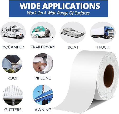Miniatura 5 de Cinta selladora de reparación de caravana blanca, 4 pulgadas x 50 pies, para evitar fugas en el techo de cámper, resistente a los rayos UV,