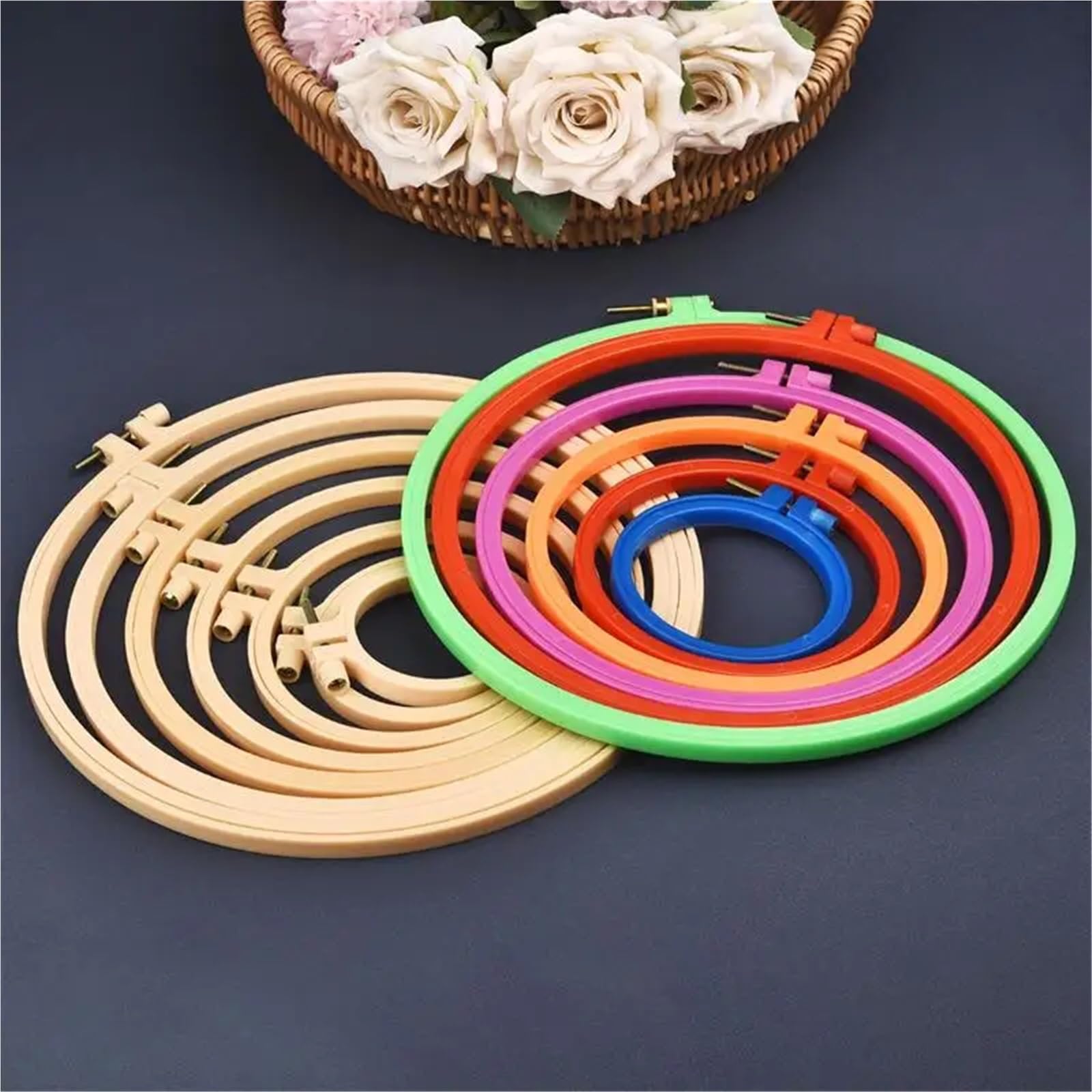 MRKU Soporte para Bastidor de Bordado DIY, Kit de Costura para Punto de Cruz, Anillo, Herramienta de Costura, Marco Redondo y Ovalado de Madera, Juego de Anillos de plástico.