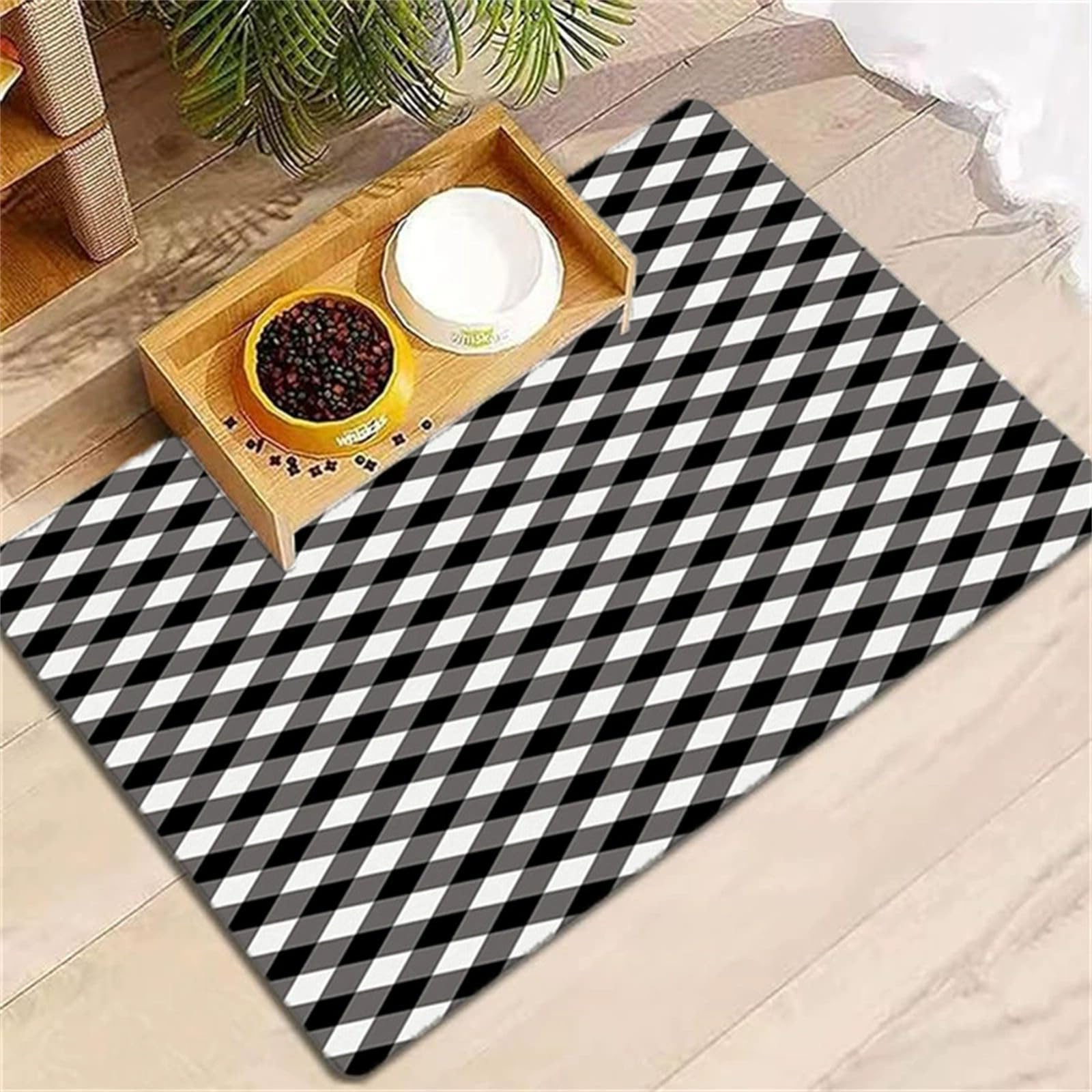 DOTBUY-SHOP Absorbent Pet Feeding Mat for Dog Cat, Quick Dry Pet Food Bowl Mats with Non Slip Rubber Bottom Diatomite Durable Dog Placemat Washable Cat Food Pad (Black Gingham,30x40cm)