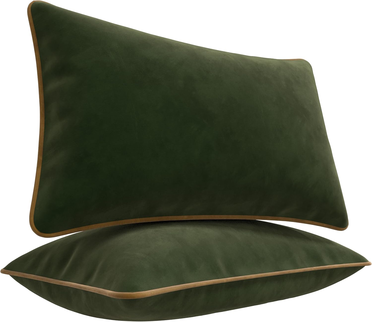 Decorative Velvet Throw Pillow Covers with Trim. Soft Velvet Decorative Pillow Cases. Velvet Cushion Covers. Contrast Pipping.(Green and Camel, 12"x20")
