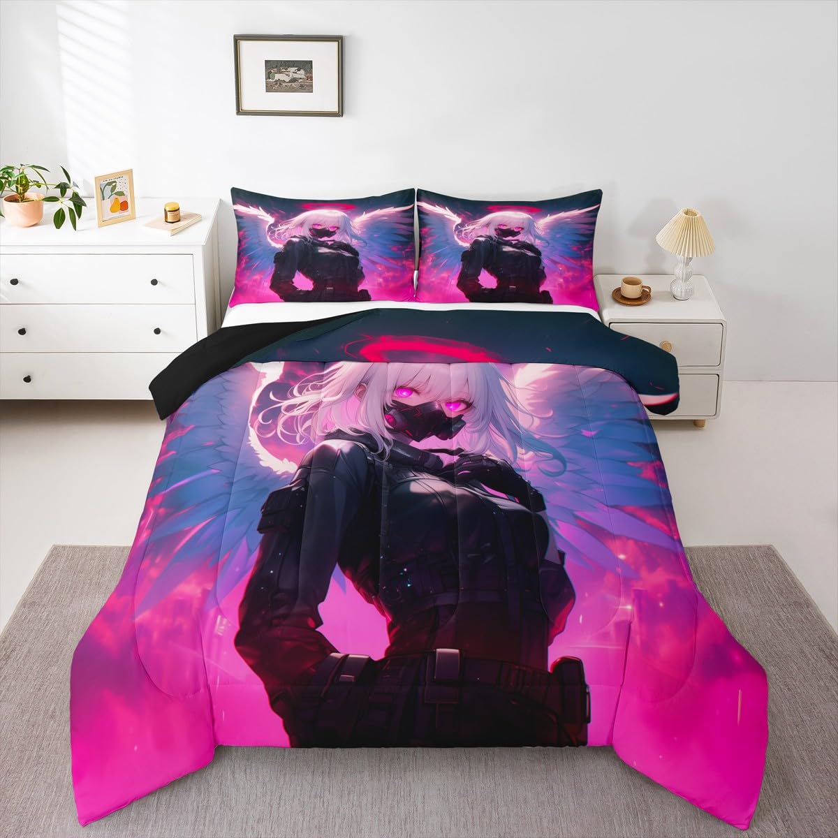 Erosebridal Anime Girl with Wings Bedding King Size for Girls Adults, Kids Japanese Virtual Reality Comforter Cartoon Poster Style Duvet Set for Boys Teen Bedroom Decor with 2 Pillowcases