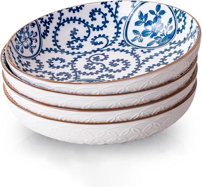 8.5 Inch Ceramic Pasta Bowls Set of 4, 34 oz Salad and Soup Bowls, Embossed Blue and White, Microwave and Dishwasher Safe, Perfect for Daily Dining, Family Gatherings, Party.