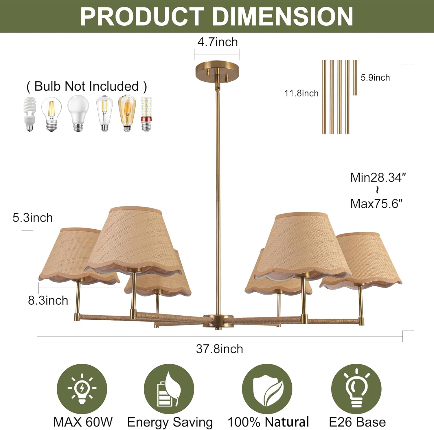 Boho Chandelier,39 Inch Rattan Pendant lights Kitchen Island,Living Room Dinning Room Light Fixture for Ceiling,Large Height Adjustable Farmhouse Chandeliers for Dinning room,Living room,Bedroom,Gold