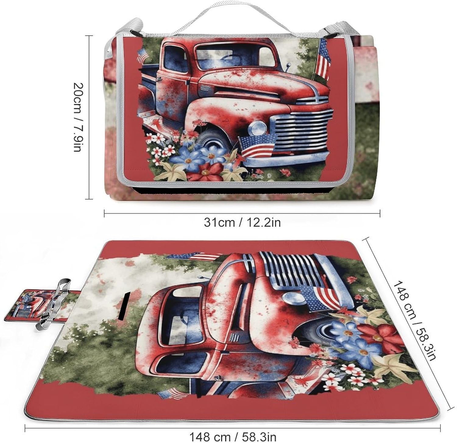 Four Th of July Patriotic Old Red Truck Picnic Blanket Indoor and Outdoor Square Blankets Waterproof Design Mat Foldable Beach Mats Portable Park Sand Free Blanket for Camping Beach Park